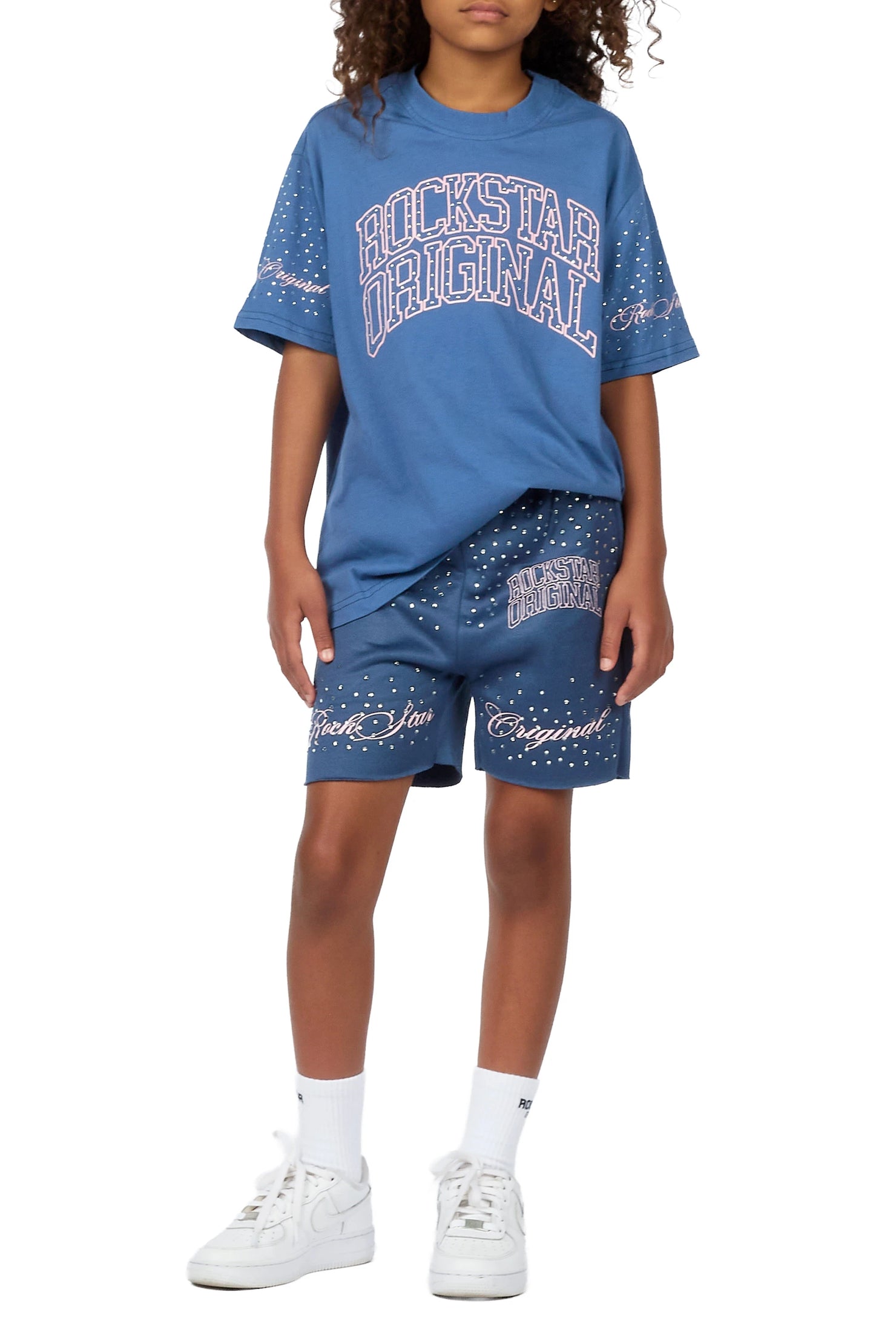 Girls Lakisha Navy Rhinestone Oversized T-Shirt Short Set