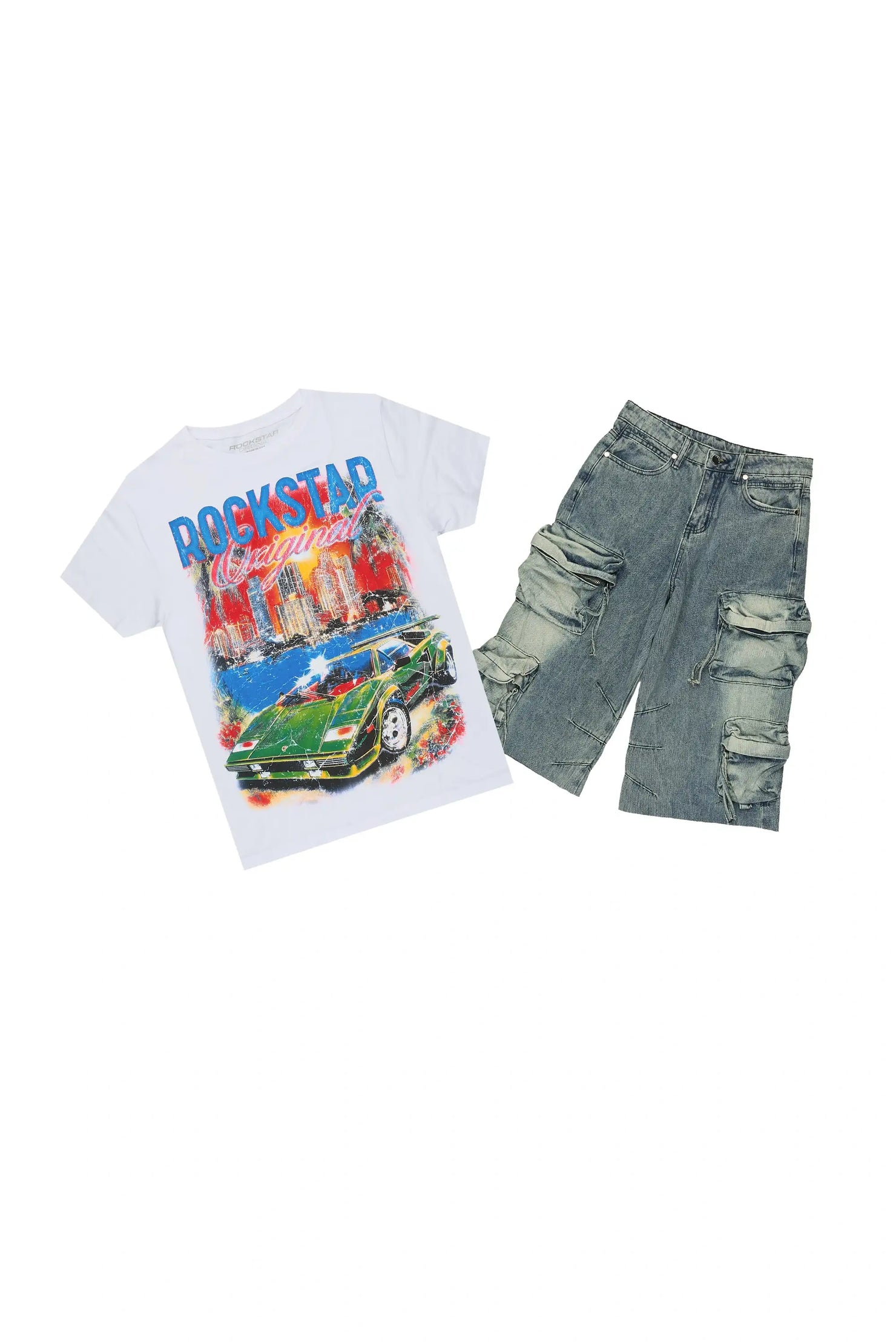 Boys Jhacor 2.0 White/Blue T-Shirt/Denim Jort Set