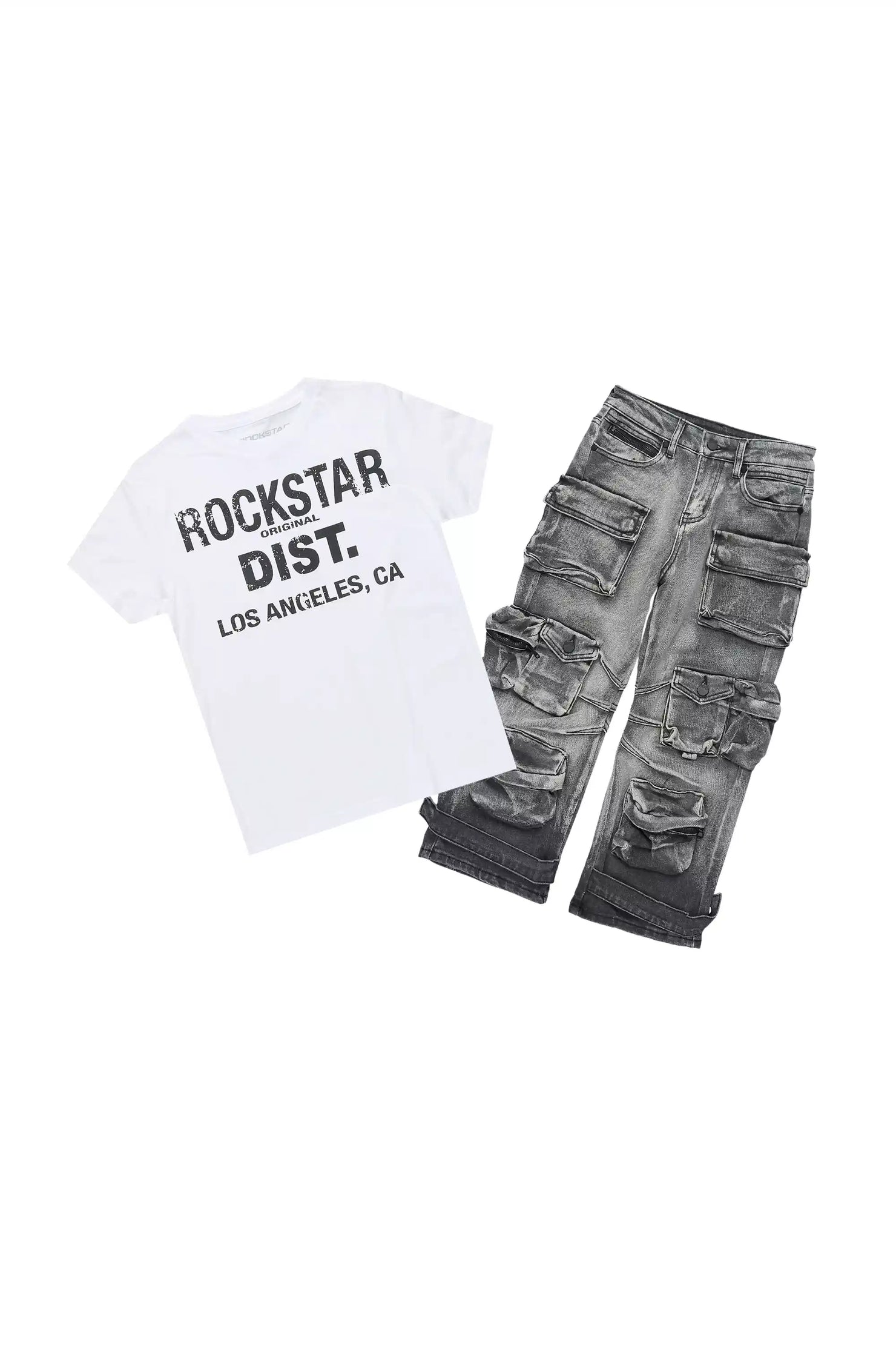 Boys Saxon White/Grey T-Shirt/Baggy Cargo Jean Set