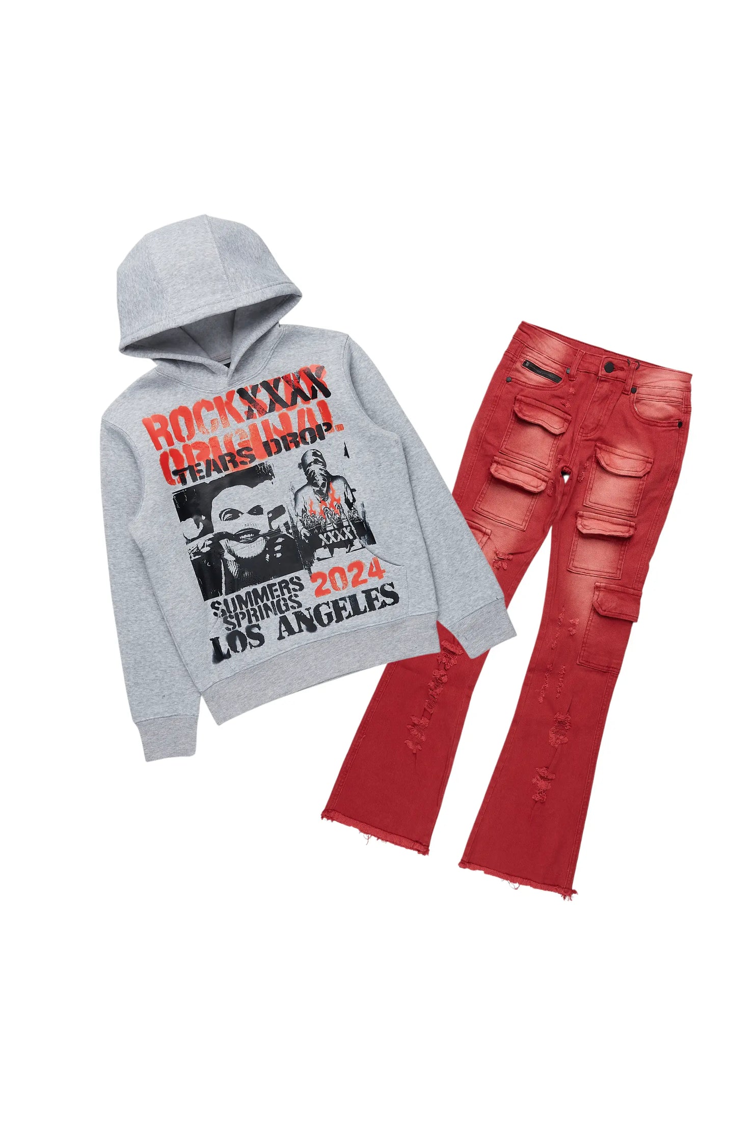 Boys Omer Grey/Red Hoodie/Stacked Flare Jean Set