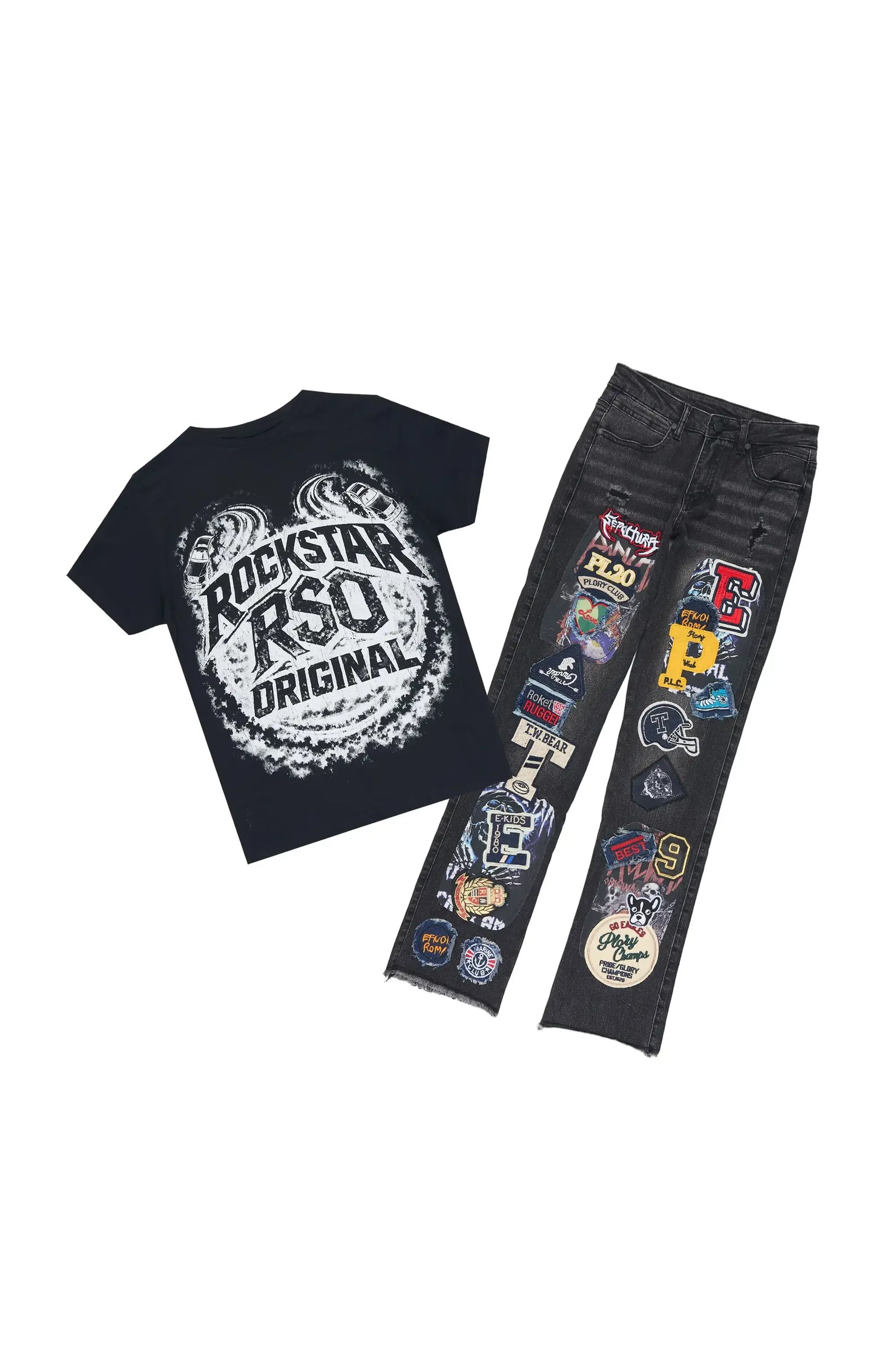 Boys Malen Black T-Shirt Stacked Jean Set