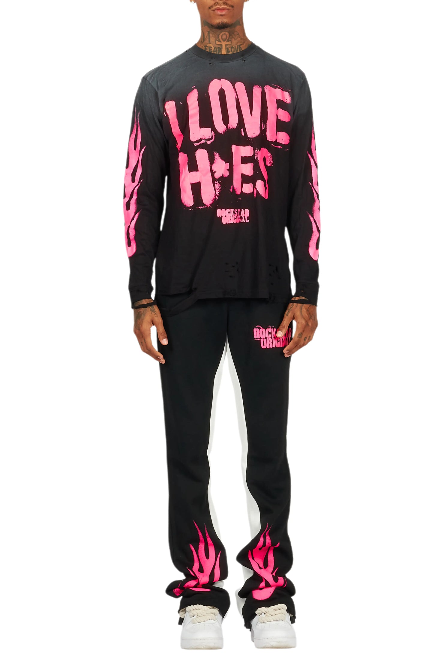 Banyan Black/Pink Long Sleeve T-Shirt/Stacked Baggy Track Pant Set
