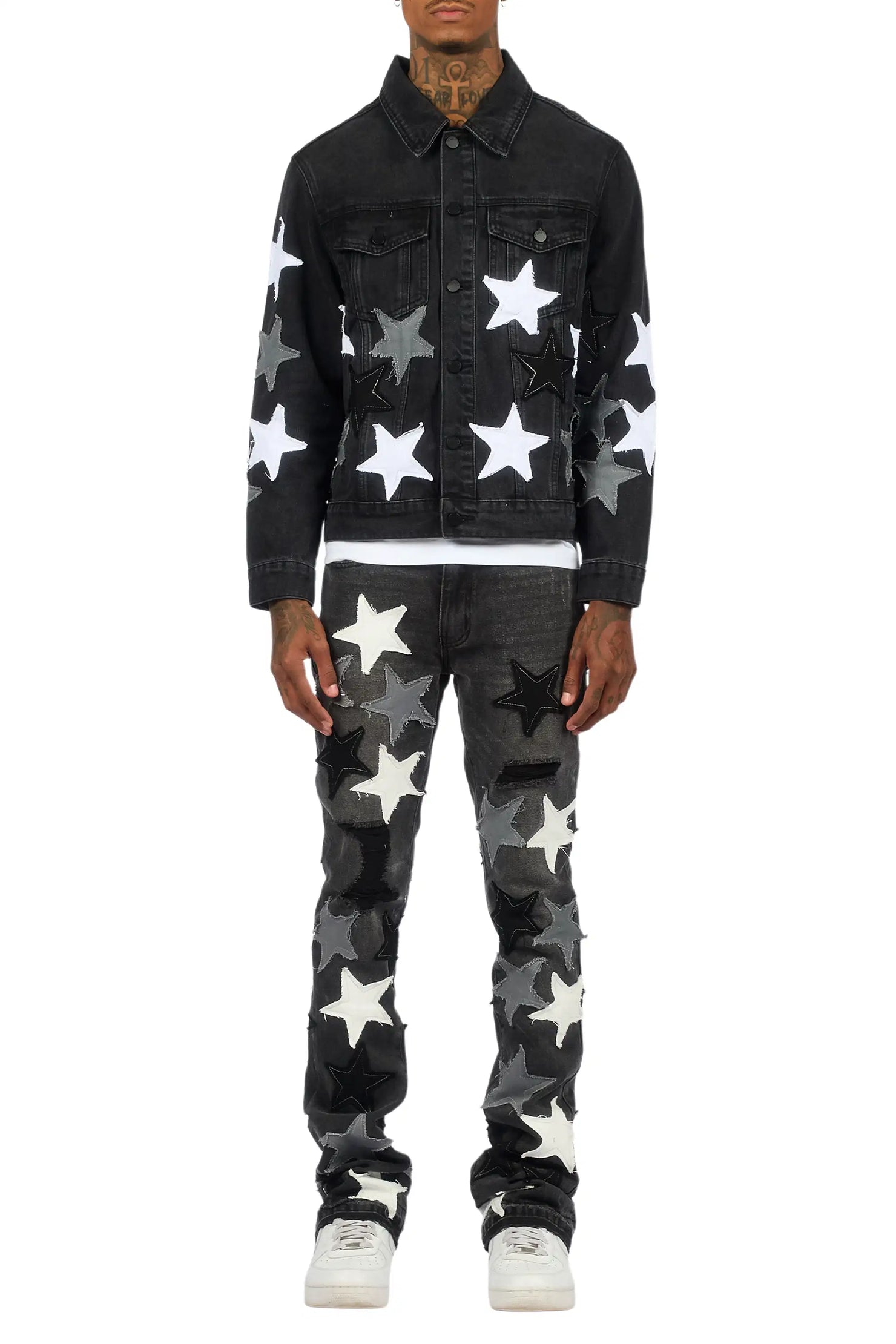 Starlane Jet Black Denim Jacket/Stacked Flare Jean Set