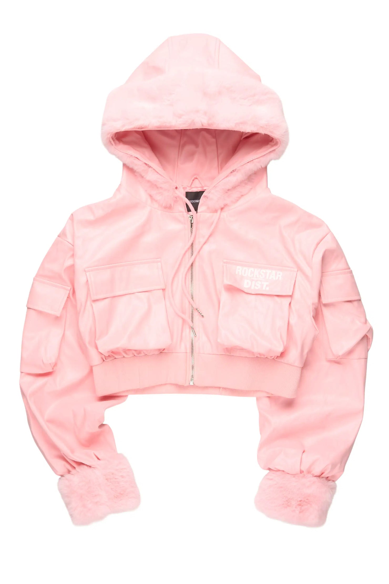 Amyia Pink PU Jacket With Fur Hood