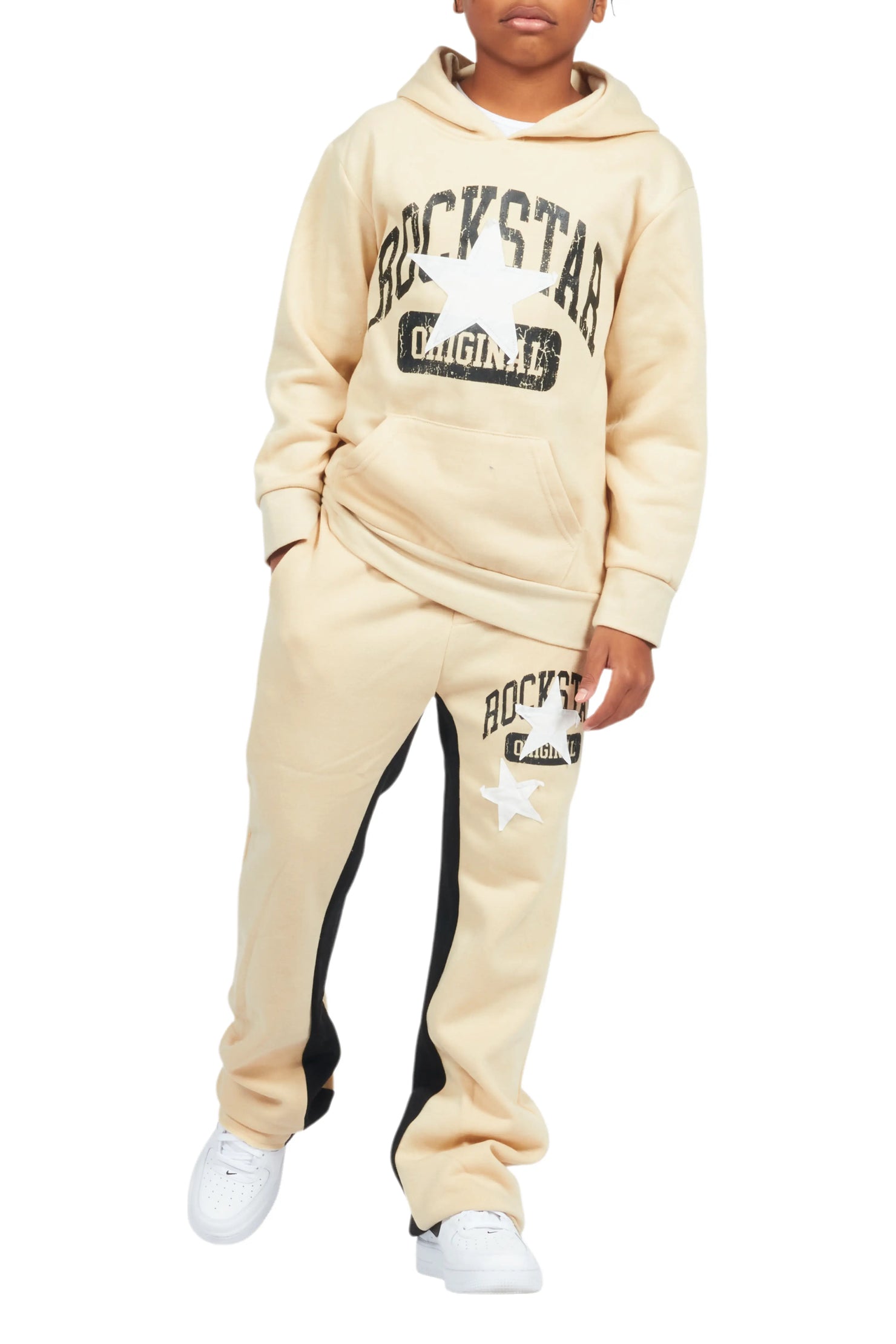 Boys Mallor Beige/White Baggy Stacked Hoodie Track Set