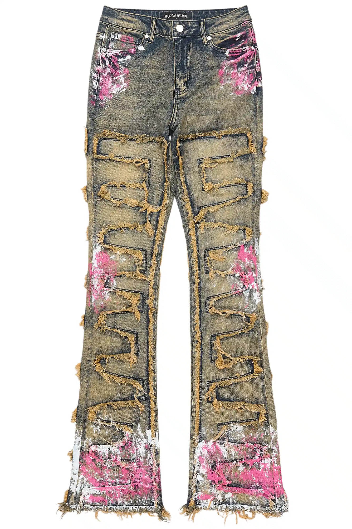 Zinata Tinted Dark Wash Painted Stacked Flare Jean