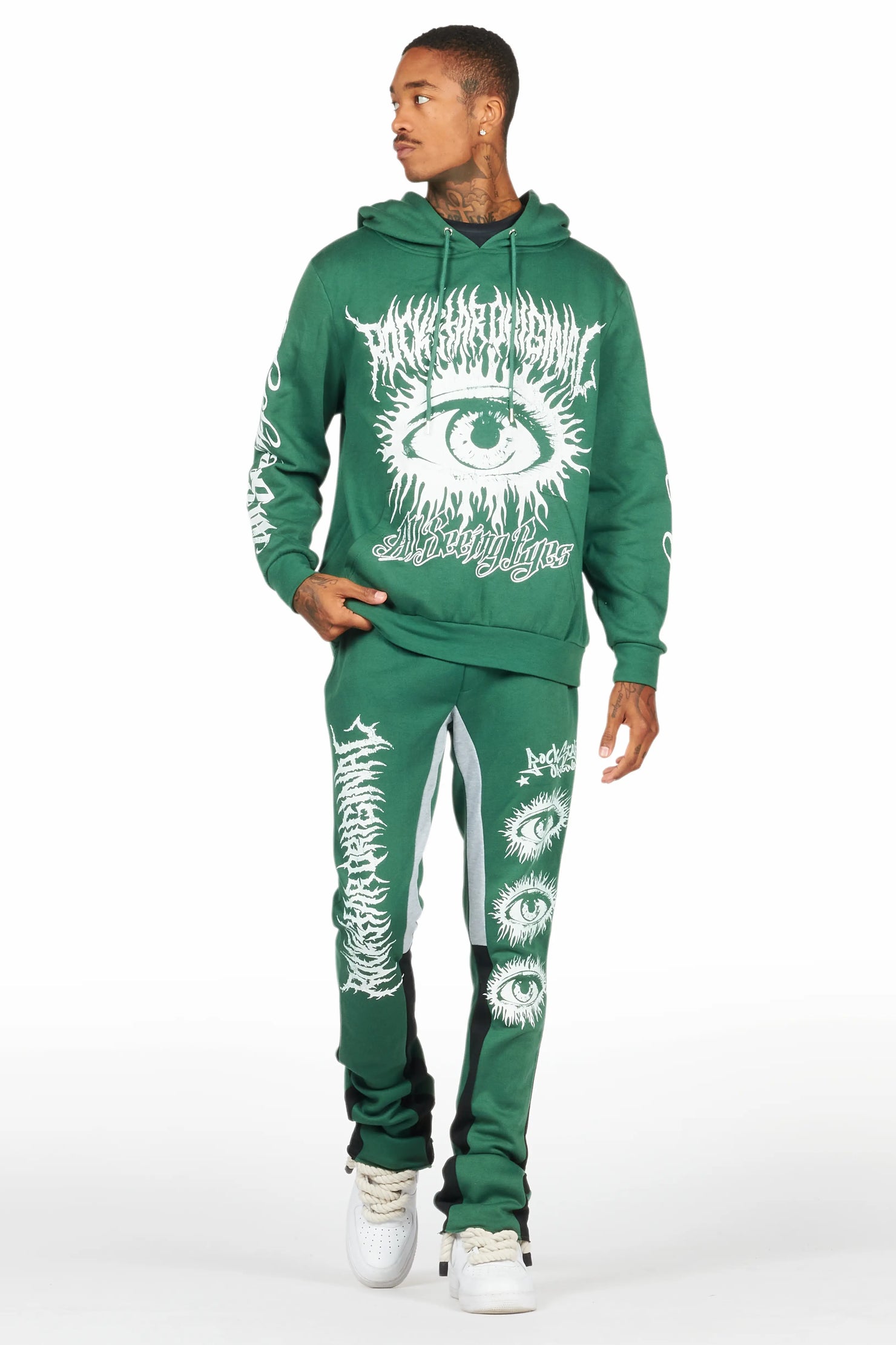 All Seeing Eyes Dark Green Stacked Flare Track Pant Set
