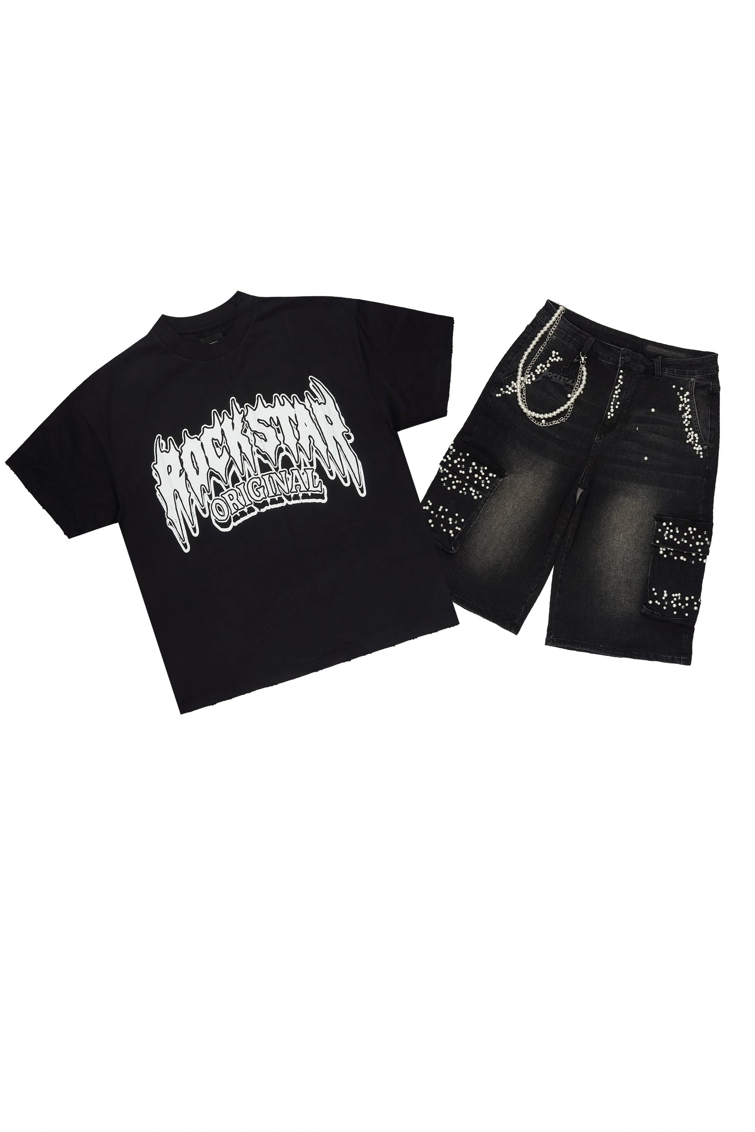 Teo Black Rhinestone T-Shirt Denim Jort Set