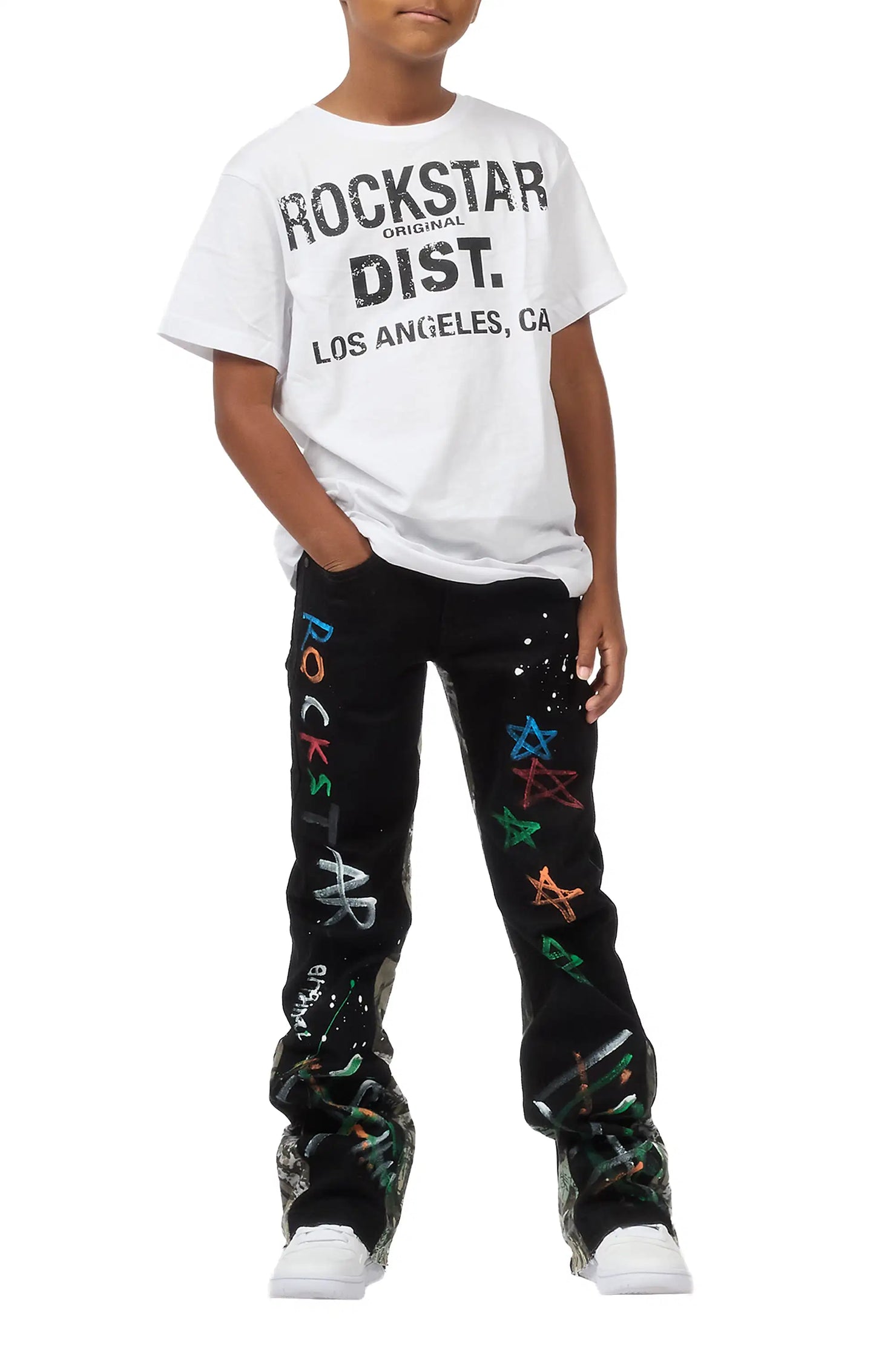 Boys Strass Black Painted Stacked Flare Jean
