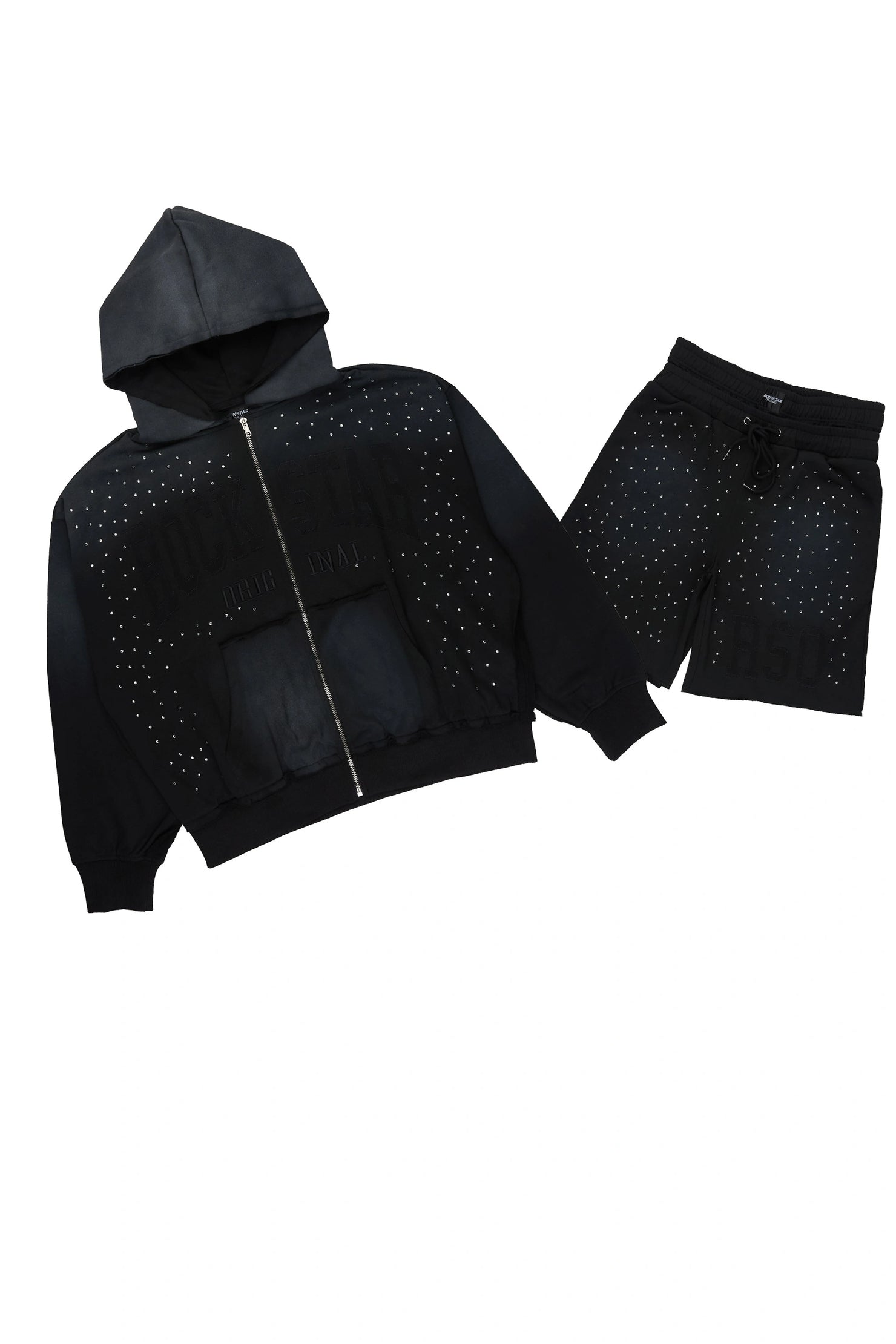 Akila Black Rhinestone Hoodie Double Waisted Short Set