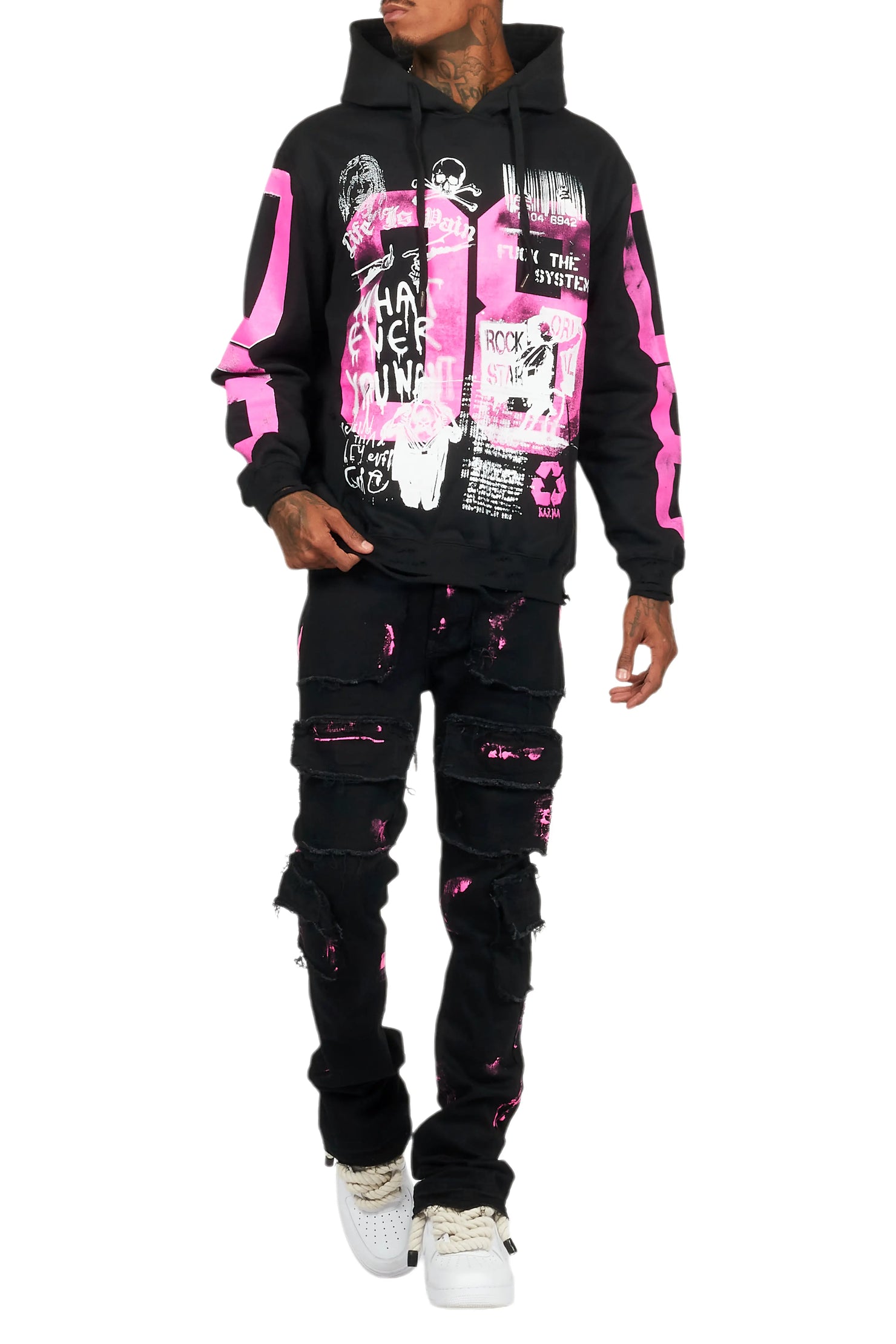 Grill Black/Pink Hoodie/Stacked Flare Jean Bundle