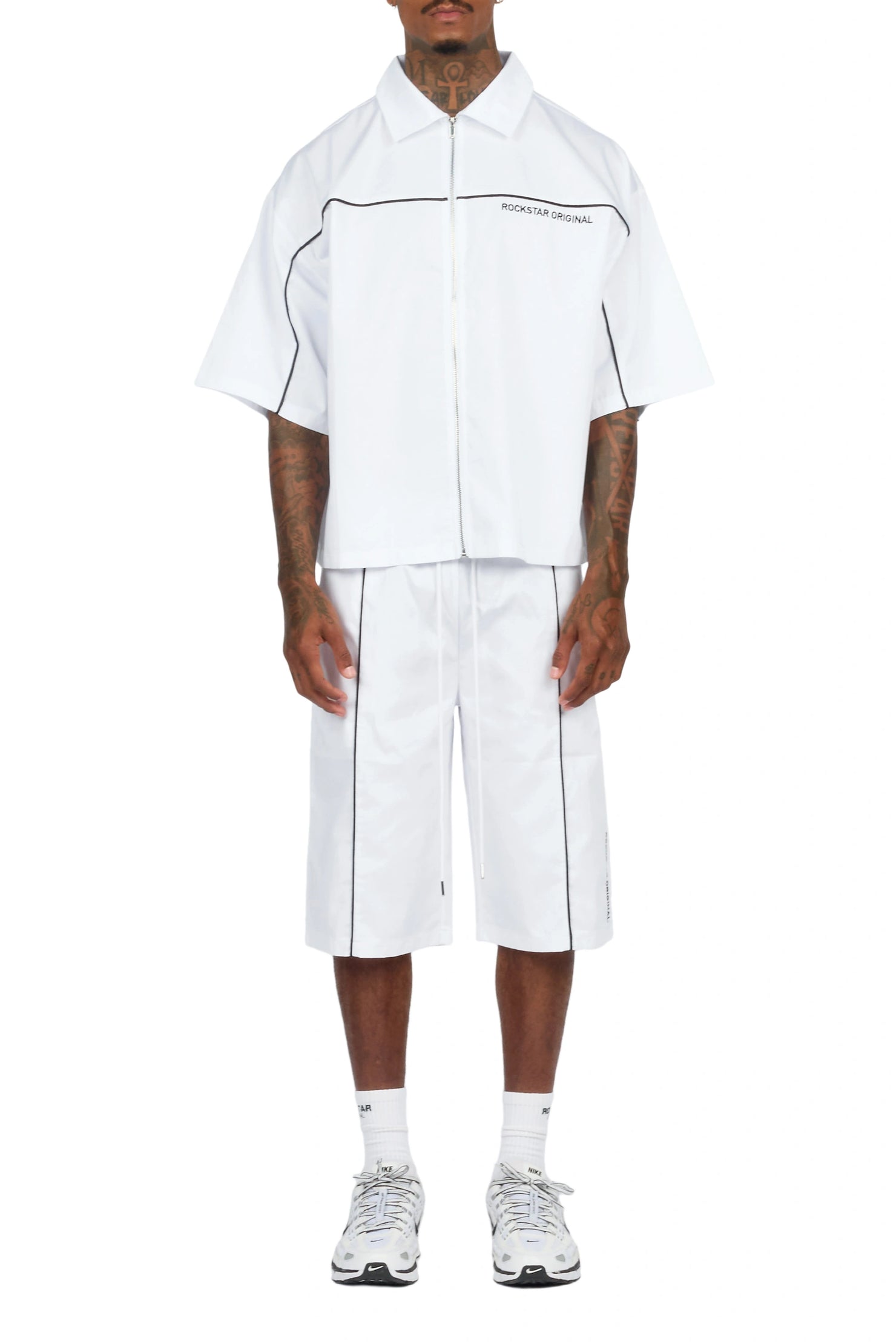 Izan White Zip Up Short Sleeve Twill Short Set
