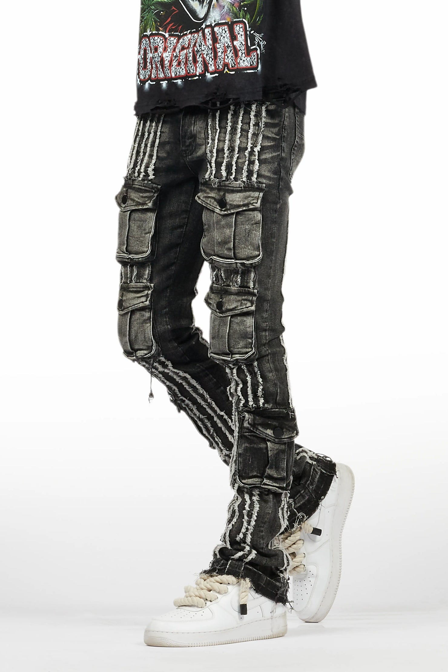 Frey Black Stacked Flare Jean