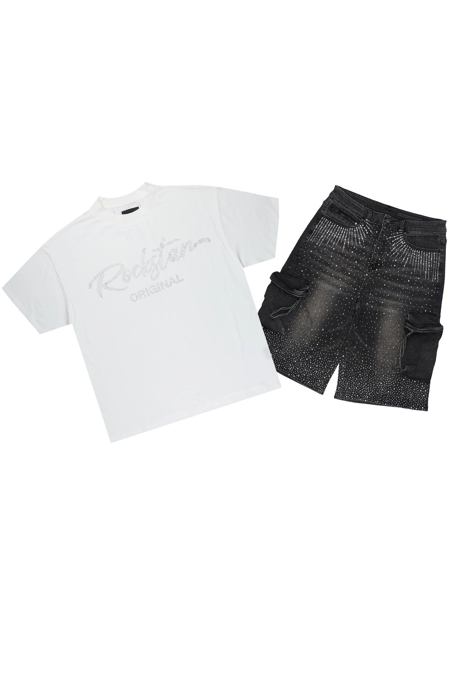 Keoni White Rhinestone T-Shirt Denim Short Set