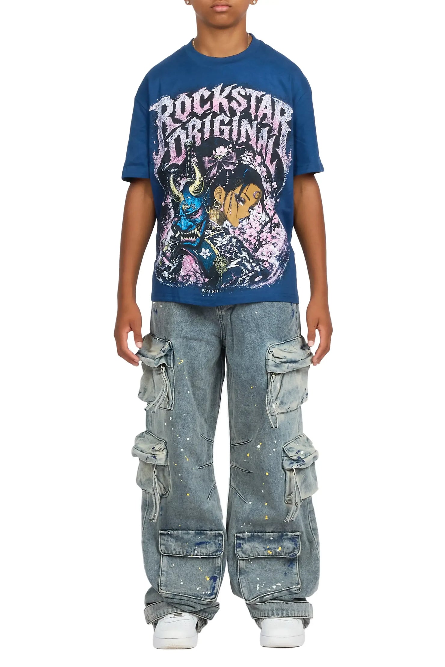 Boys Kavero Navy/Blue T-Shirt Painter Baggy Jean Set