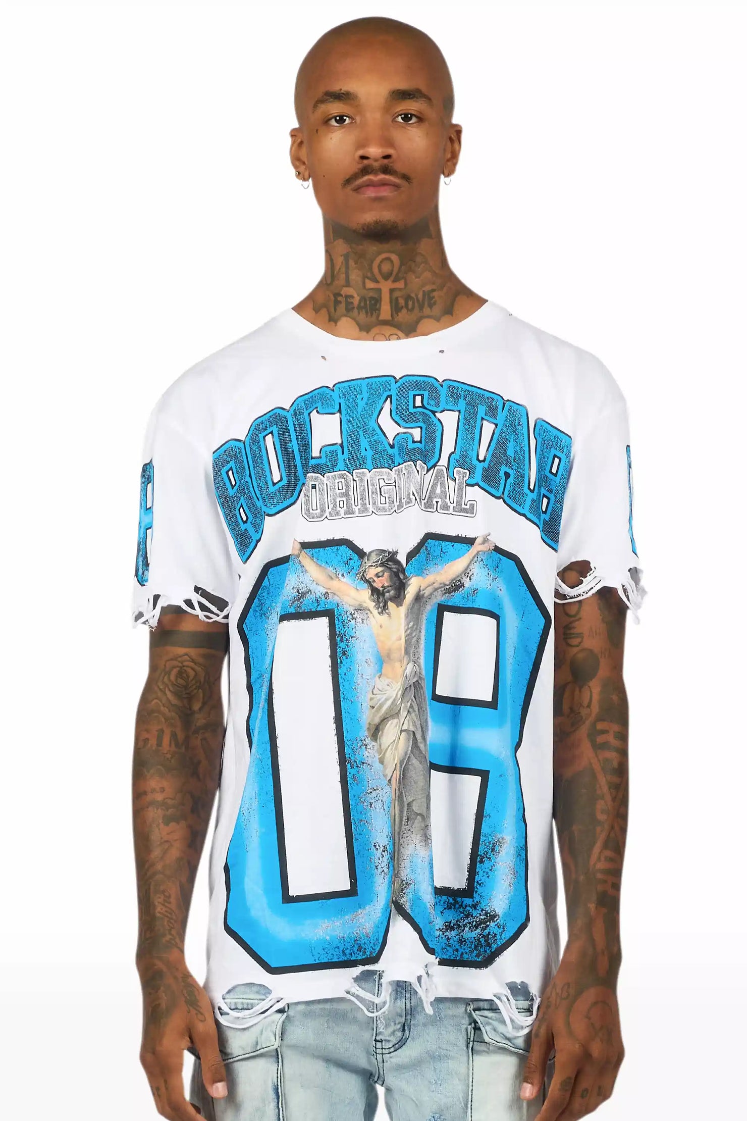 Fields White/Blue Oversized Graphic T-Shirt