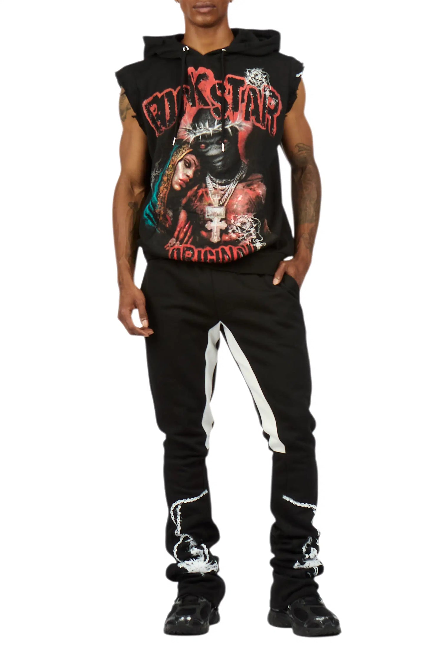 Vontae Black/Red Cut Sleeve Hoodie/Stacked Flare Track Set