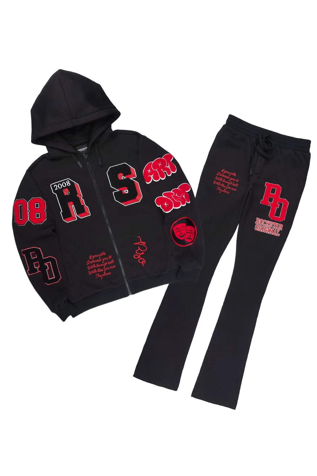 Leslaw Black/Red Zip Up Hoodie Stacked Track Set