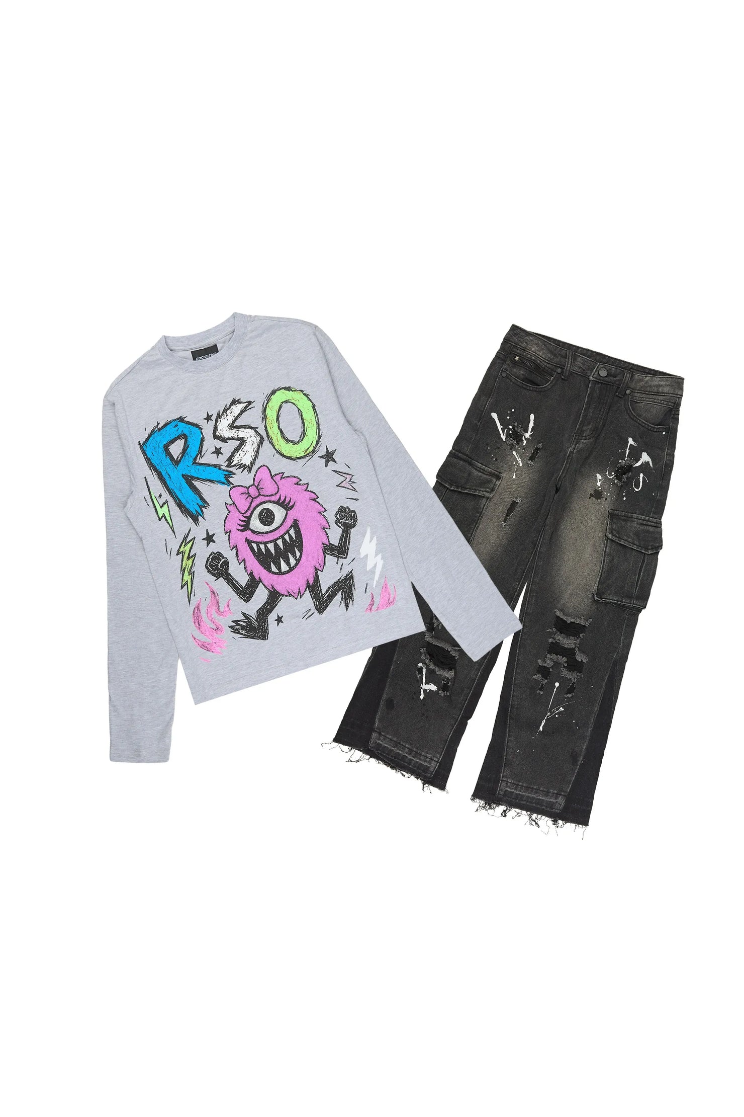 Girls Zesta Grey/Dark Grey Long Sleeve T-Shirt Baggy Jean Set