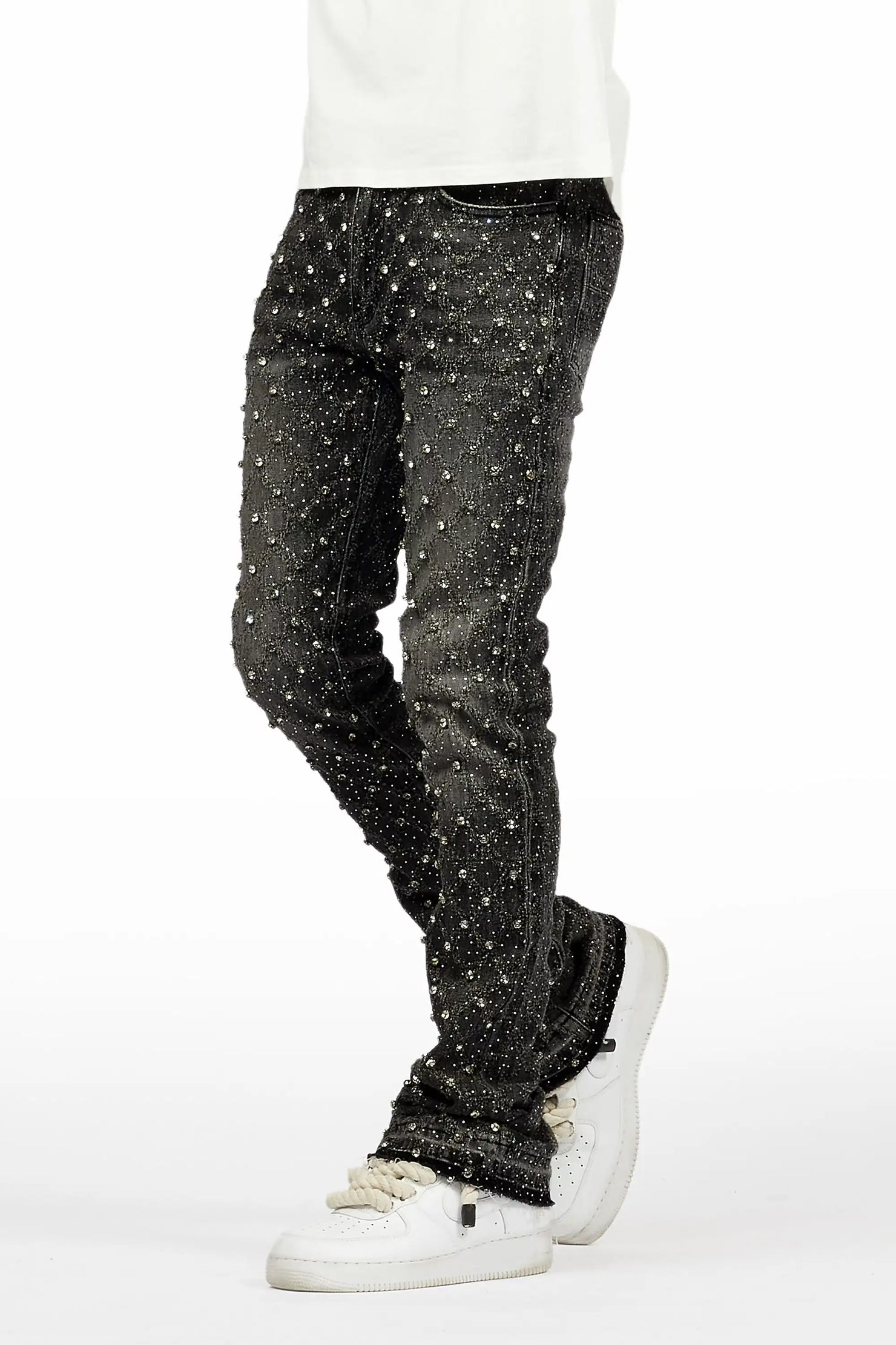 Glit Dark Grey Rhinestone Stacked Flare Jean