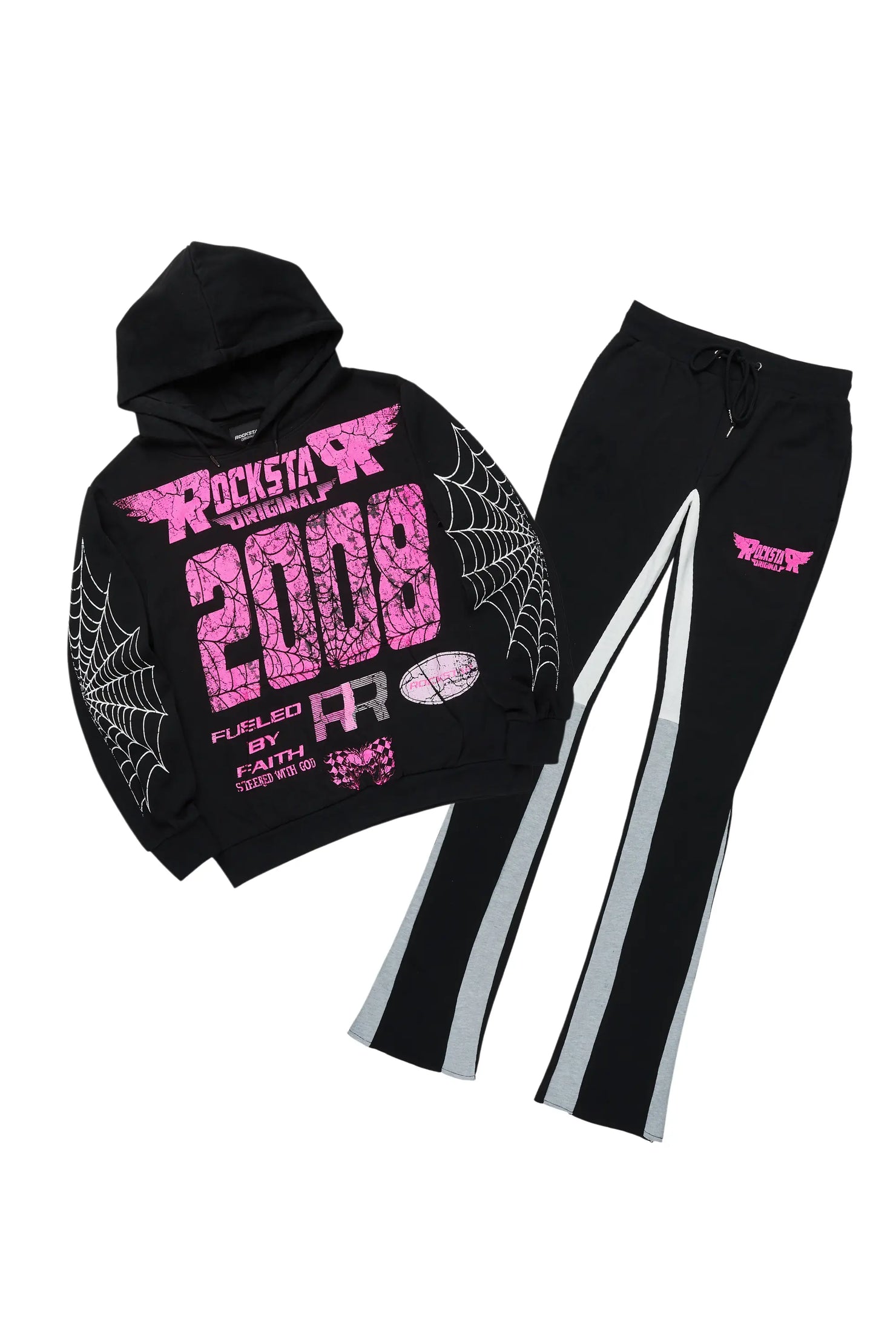 For Pinks Black Hoodie/Stack Flare Track Pant Set