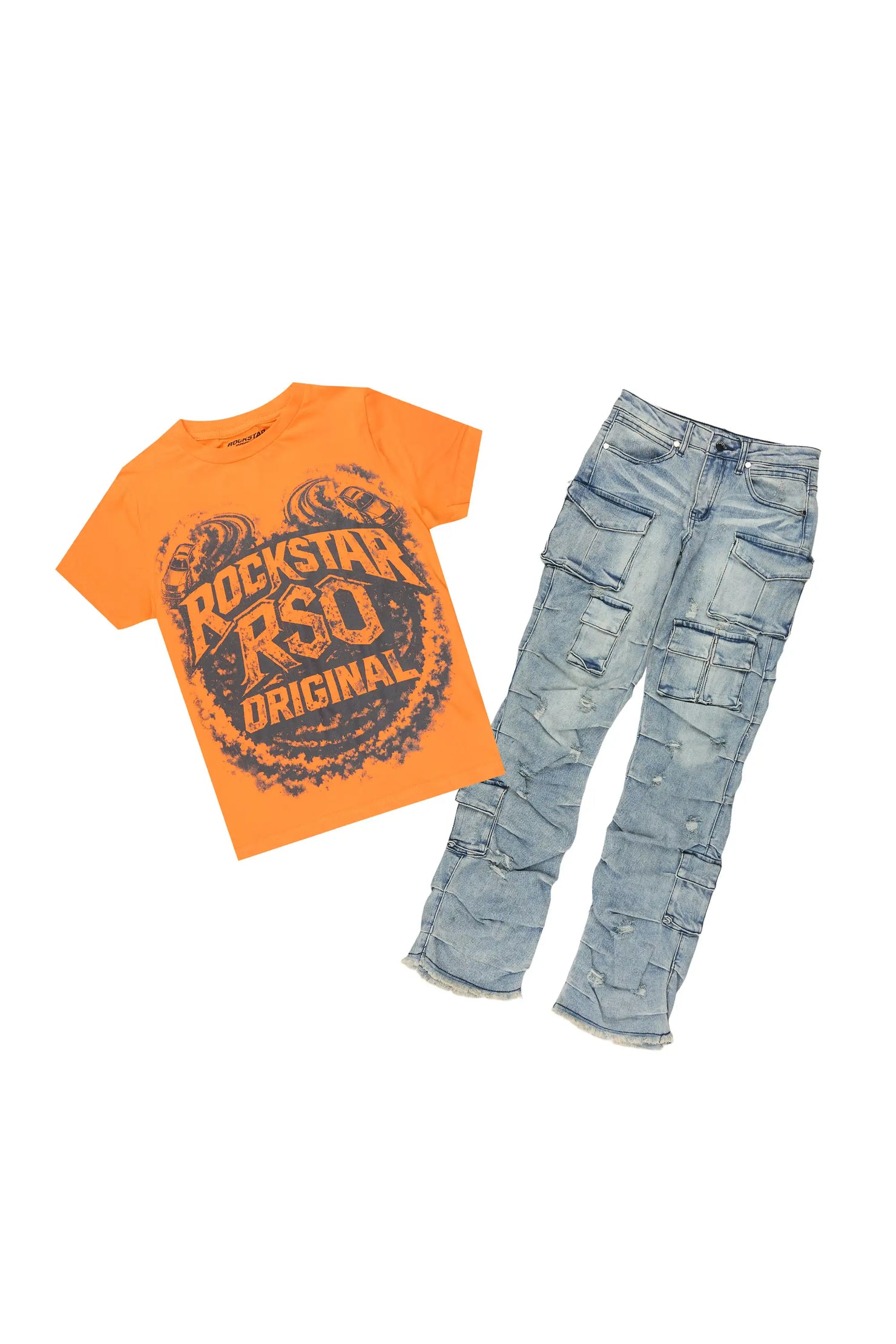 Boys Malen Orange/Blue T-Shirt Stacked Jean Set
