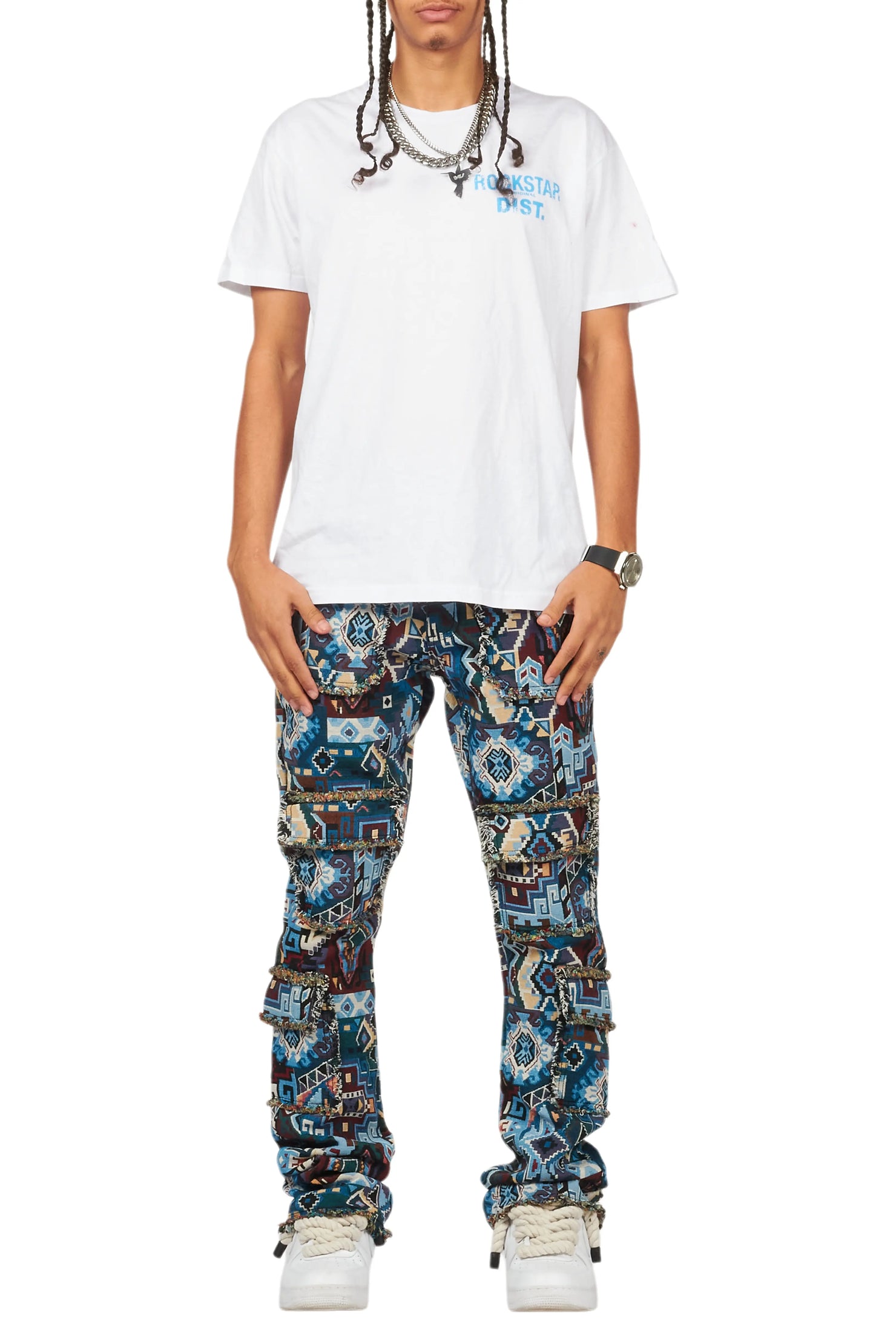 Tayami Tapestry Blue Cargo Stacked Flare Jean