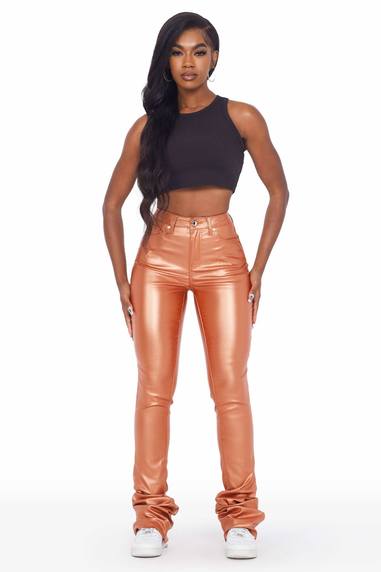 The Drama Metallic Orange PU Super Stacked Pant
