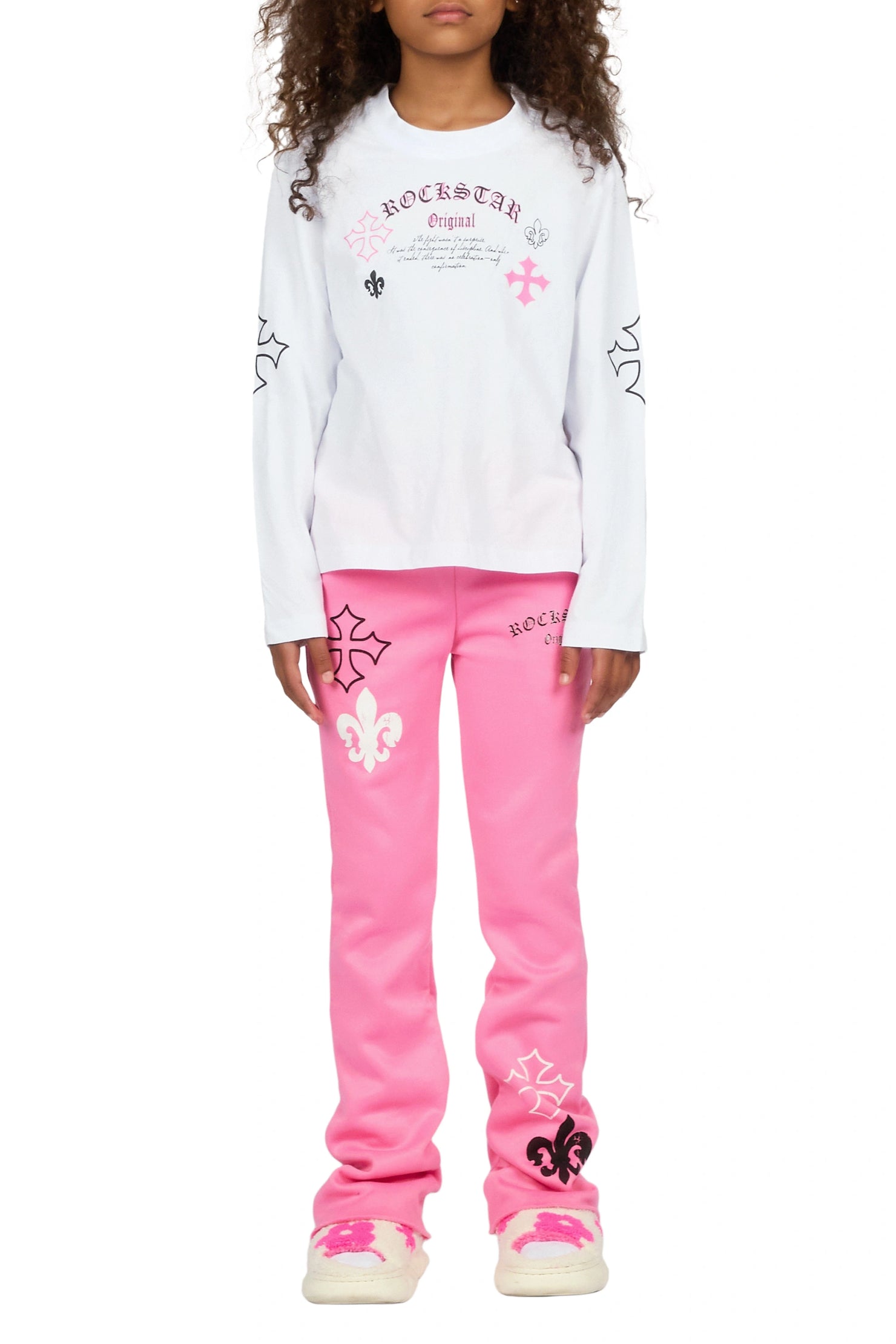 Girls Deshunique White/Pink Long Sleeve T-Shirt Track Set