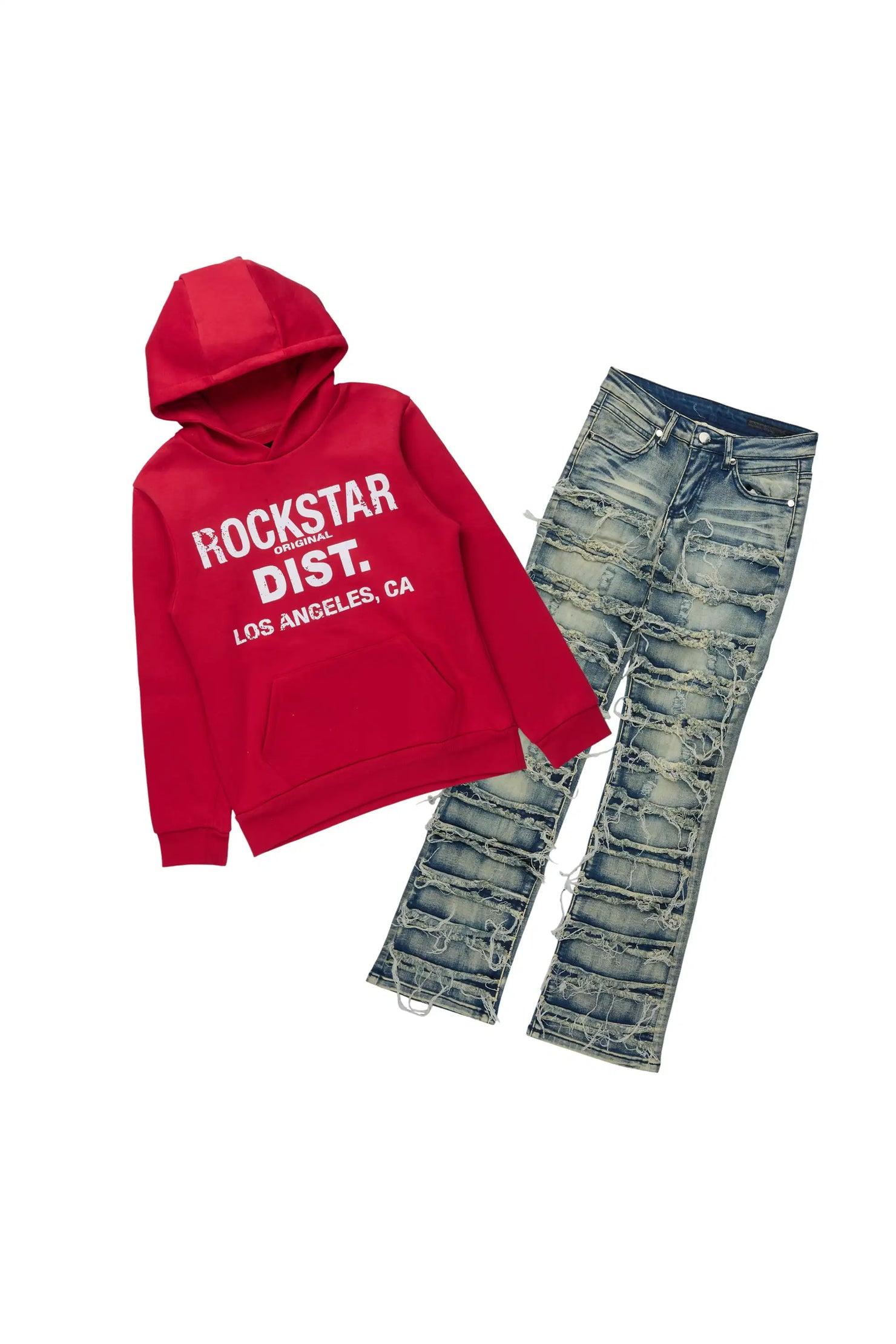 Boys Koen Red Hoodie & Waylon Tint Stacked Jean Set