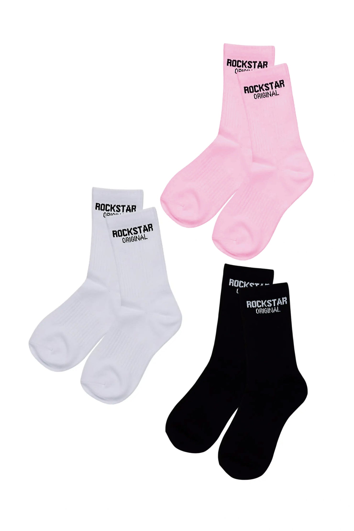 Girls Youth Rockstar Dist Black/Pink/White Basic Socks 3 Pack