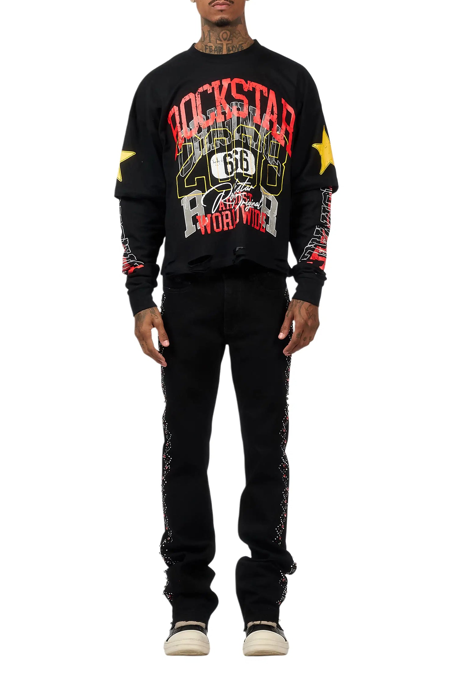 Ozi Rhinestone Black Stacked Flare Jean
