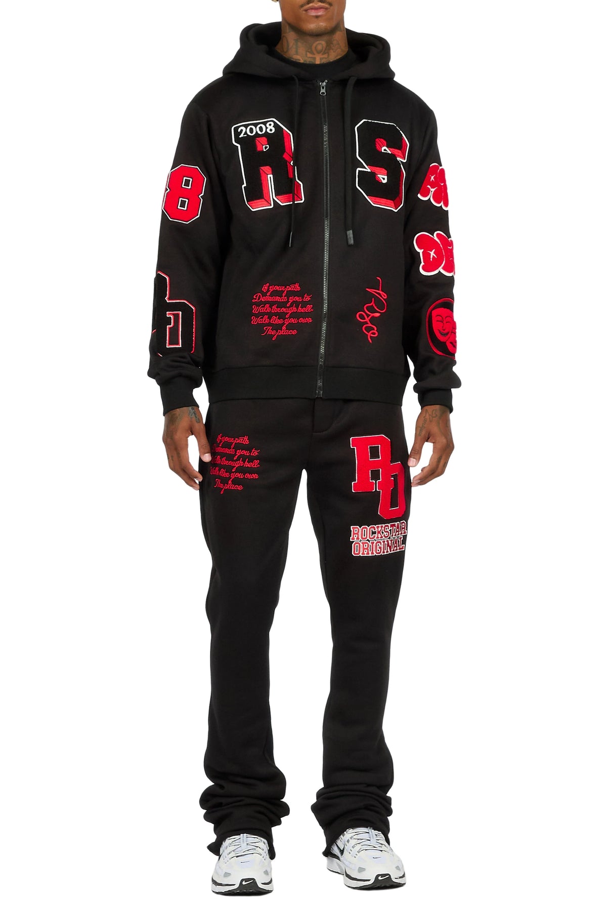 Leslaw Black/Red Zip Up Hoodie Stacked Track Set
