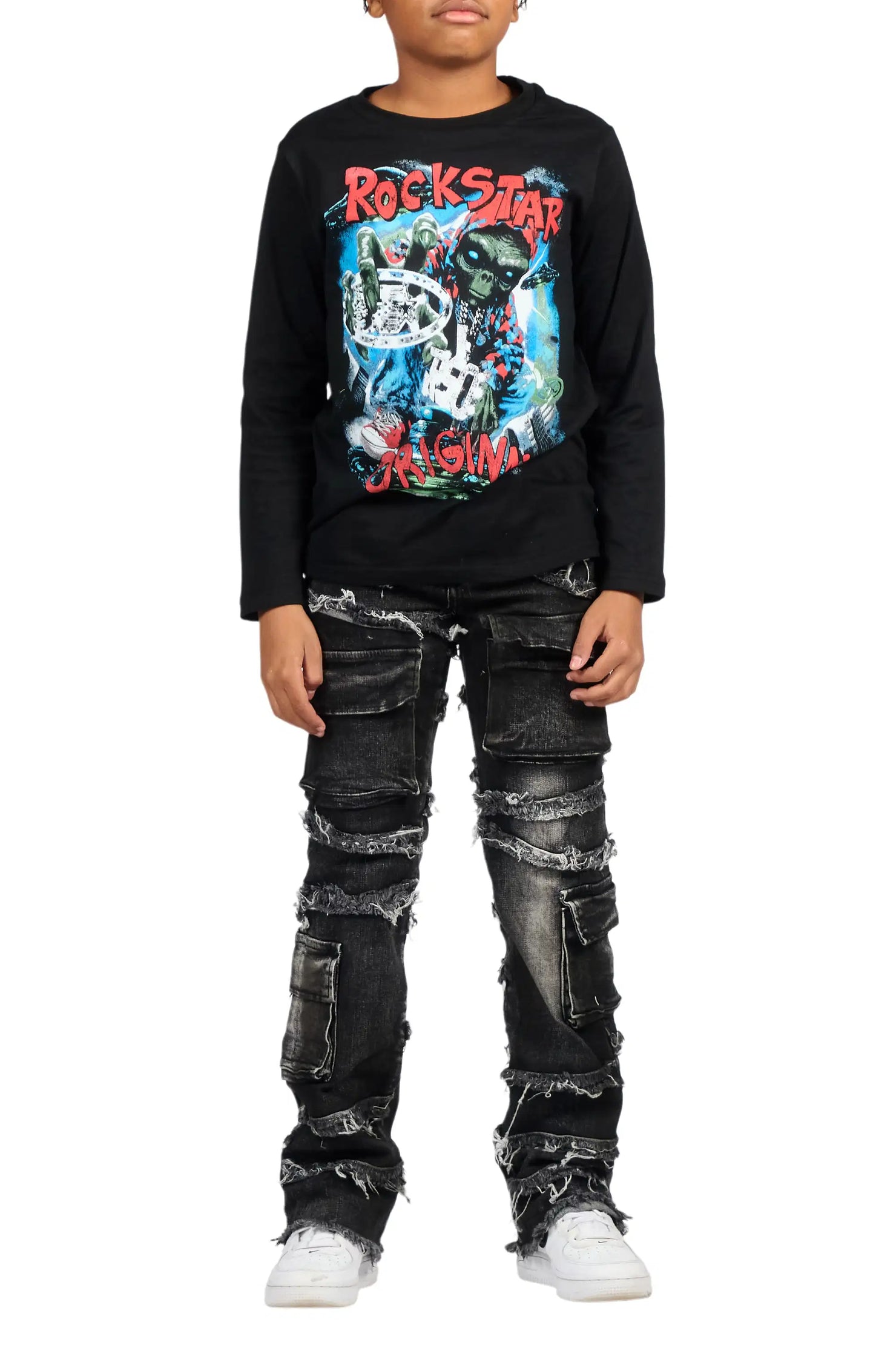 Boys Yves Jet Black Stacked Flare Cargo Jean
