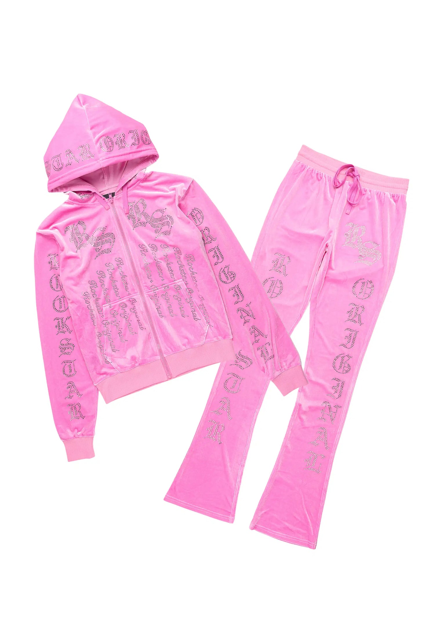 Doniqua Pink Rhinestone Velour Stacked Track Set