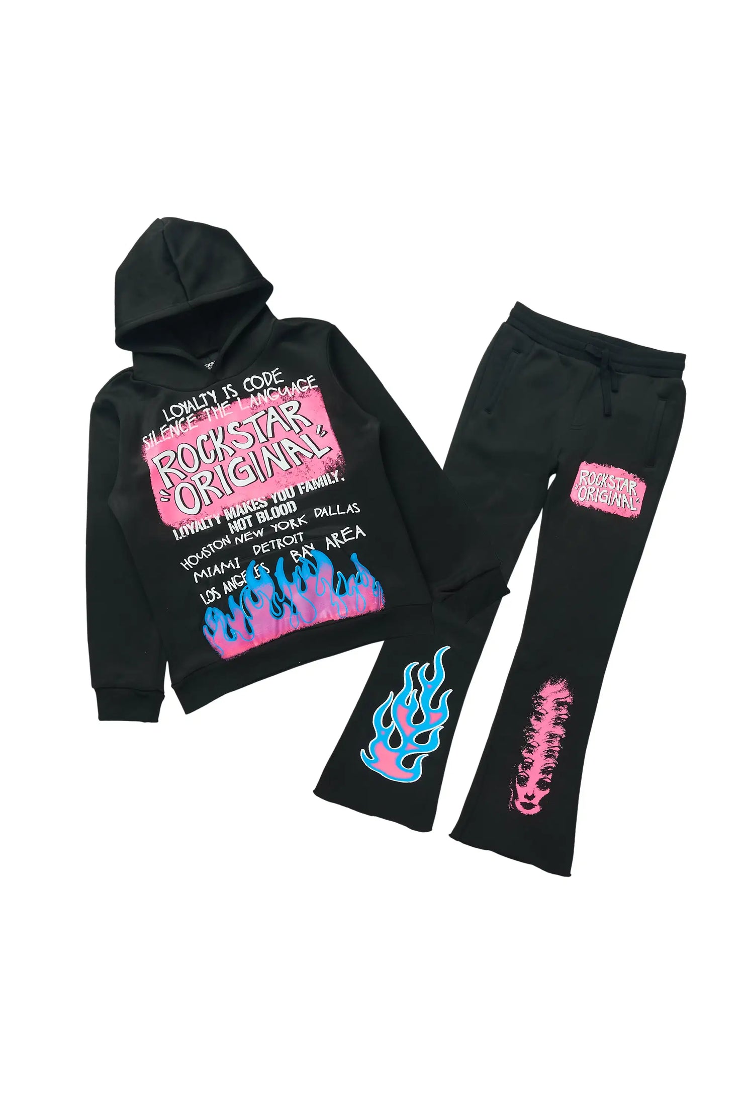 Girls Bridgette 2.0 Black/Pink Hoodie/Stacked Flare Track Set