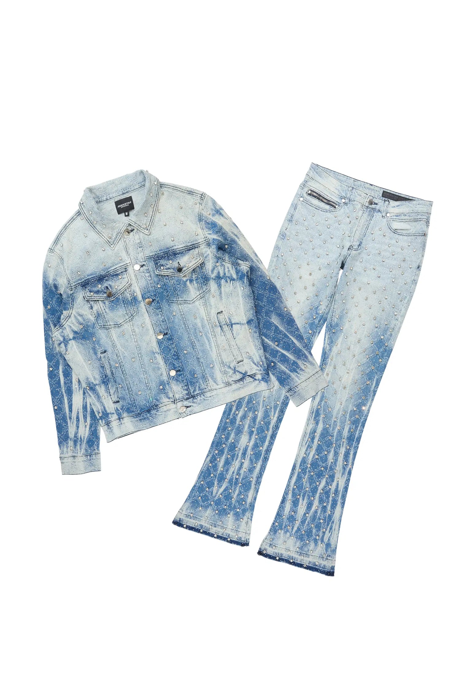 Glit Dark Blue Rhinestone Denim Jacket/Stacked Flare Jean Set