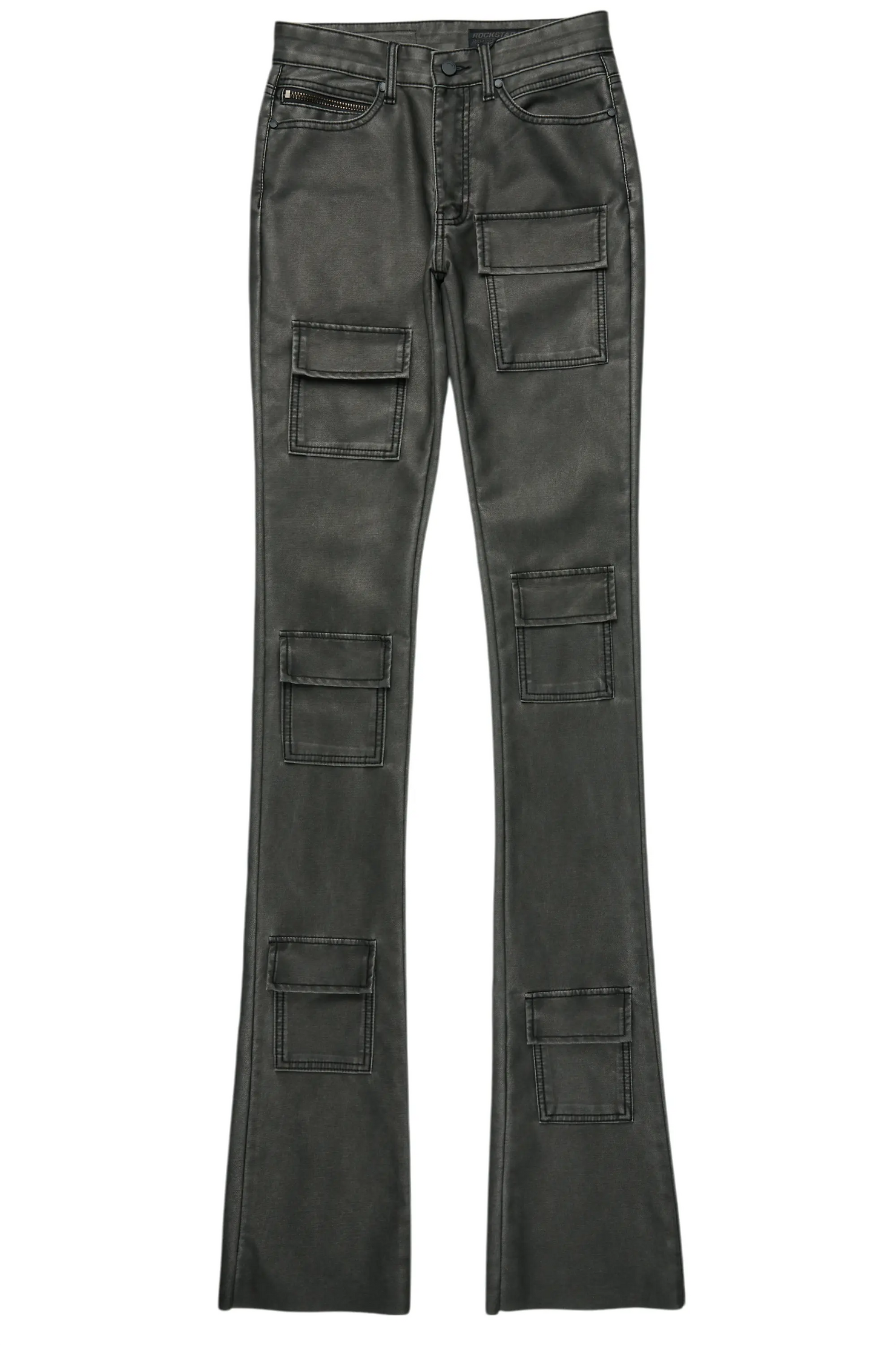Petrus Black PU Stacked Flare Leather Jean