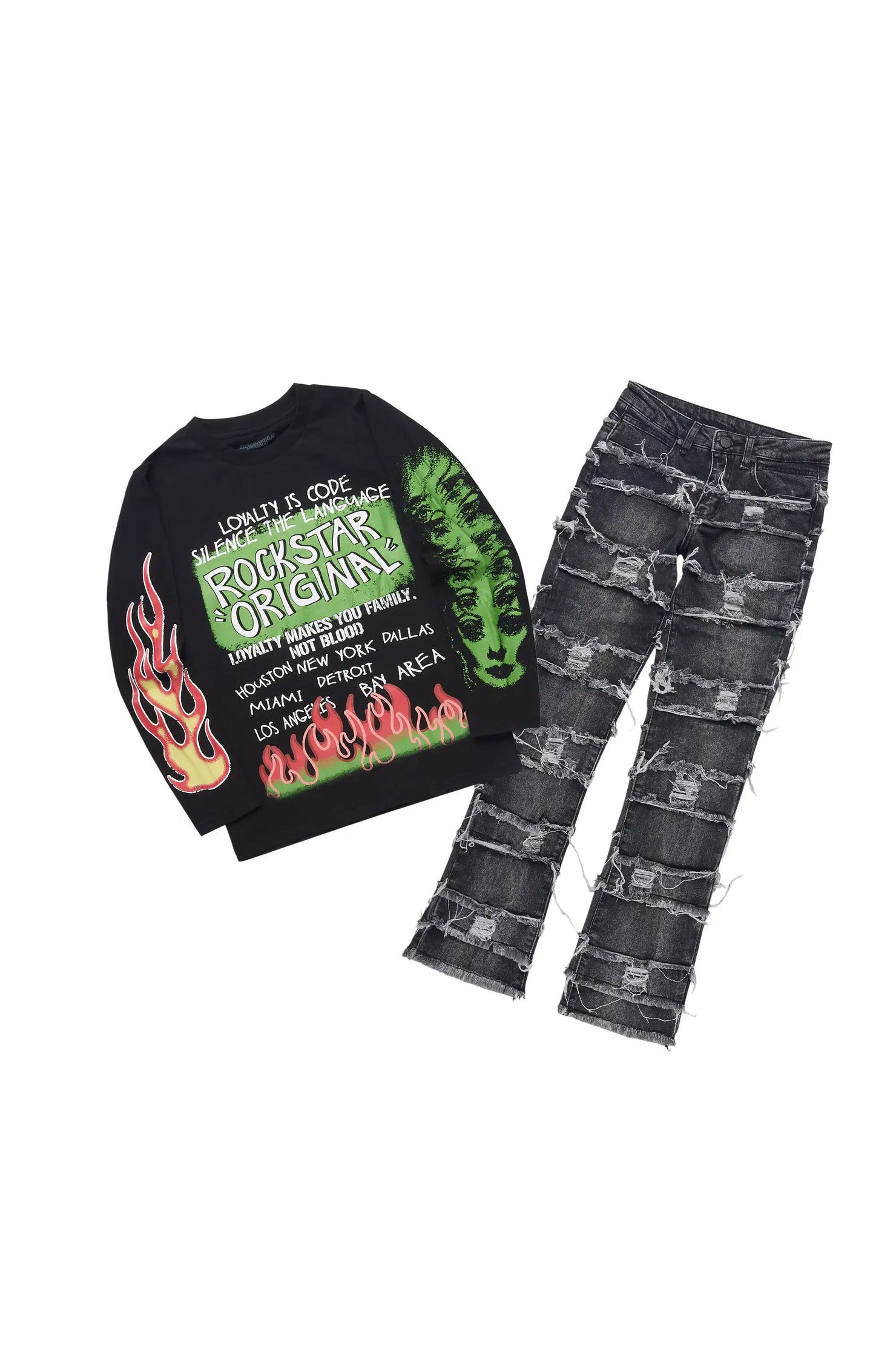 Boys Beno Black Long Sleeve T-Shirt & Sten Black Stacked Jean Set