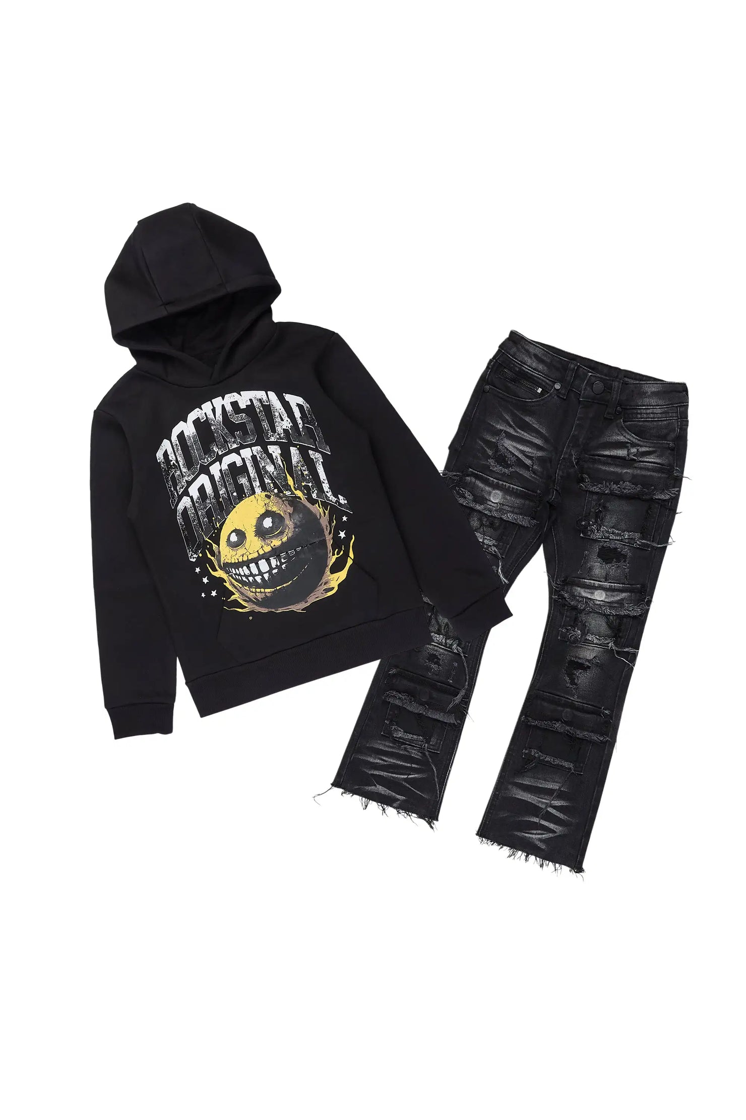 Boys Parsons Black Hoodie/Stacked Jean Set