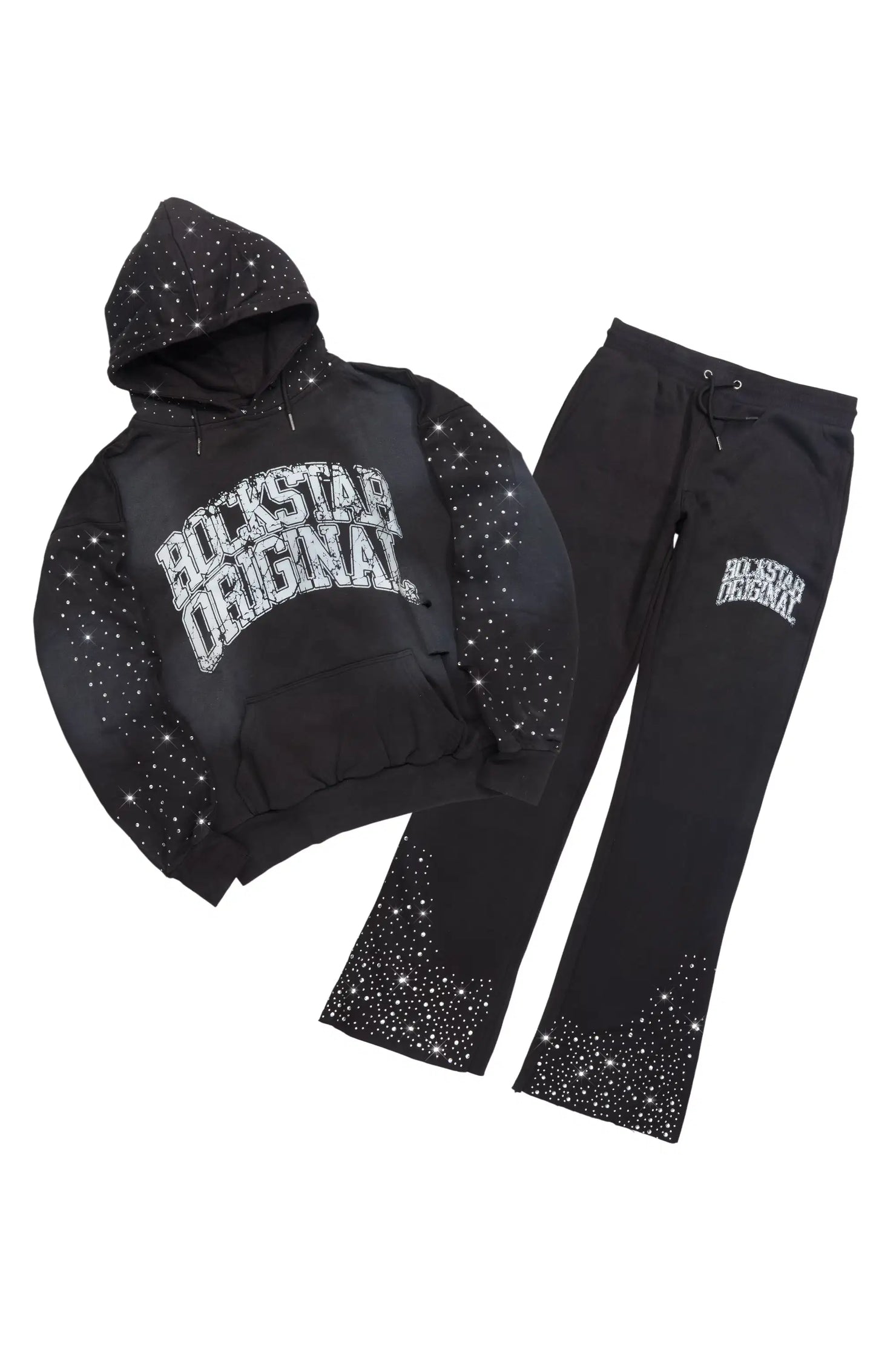 Cryptici Black Rhinestone Stacked Flare Hoodie Track Set