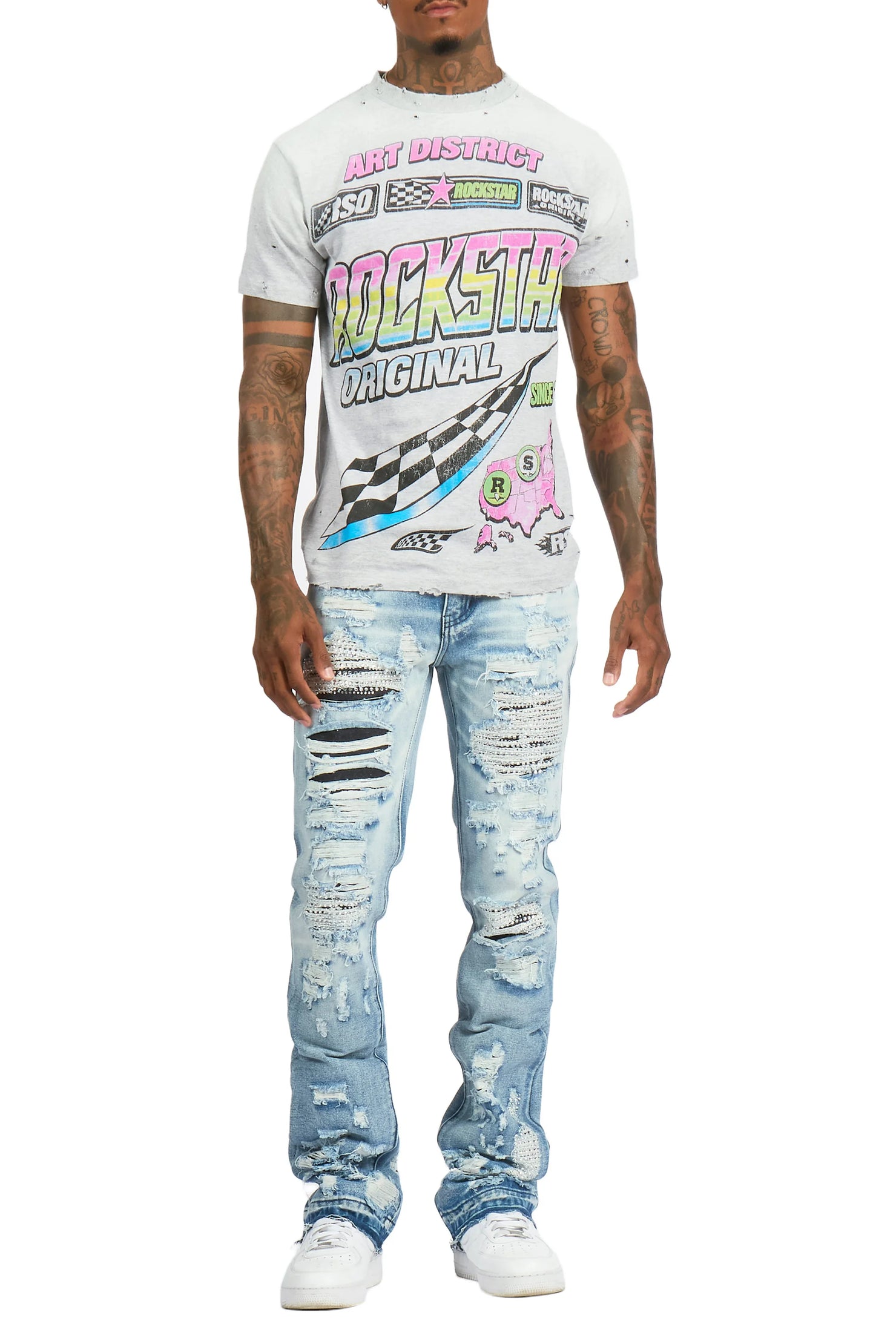 Mathey Light Blue Rhinestone Stacked Fit Jean