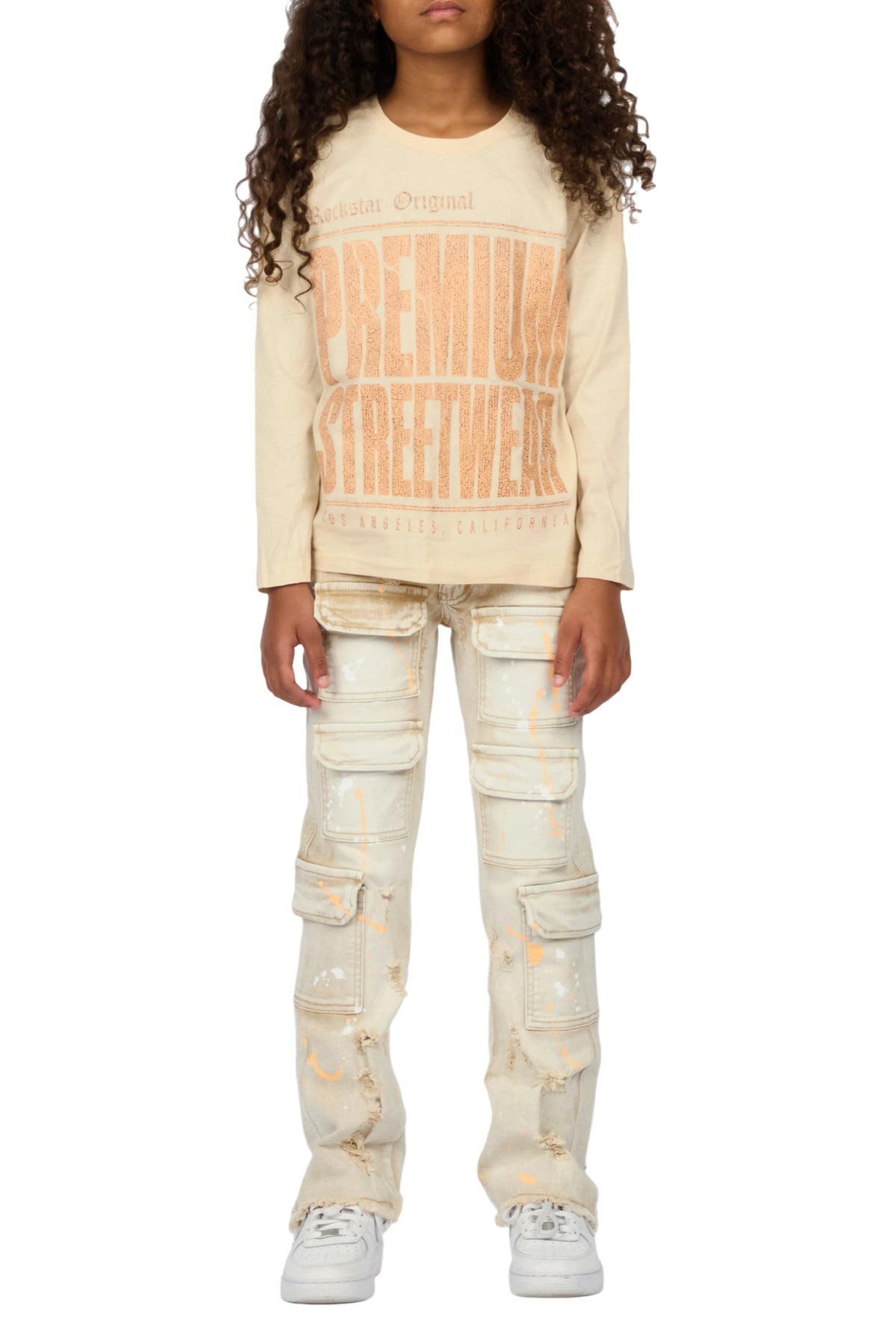 Girls Pluty Beige Long Sleeve T-Shirt Stacked Painter Jean Set