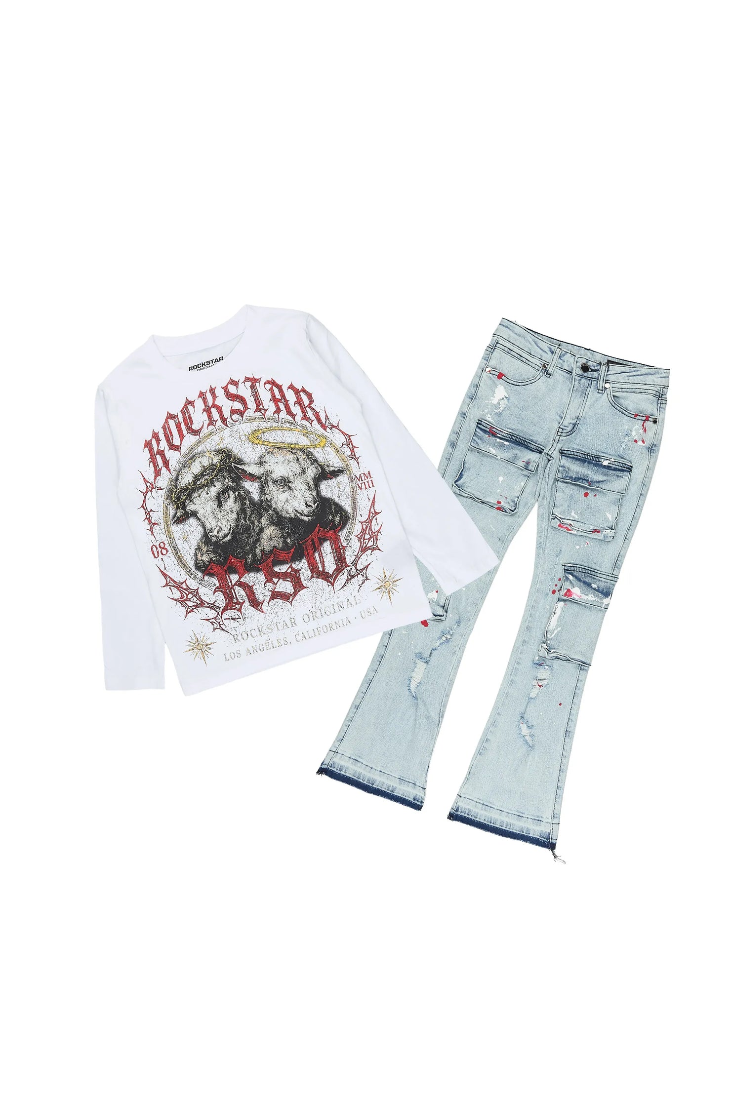 Girls Dezz White/Light Wash Long Sleeve T-Shirt Stacked Jean Set