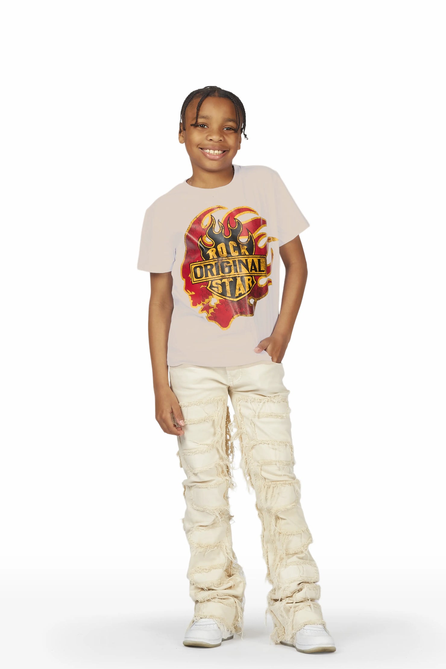 Boys Vatsa Beige T-Shirt/Super Stacked Flare Jean