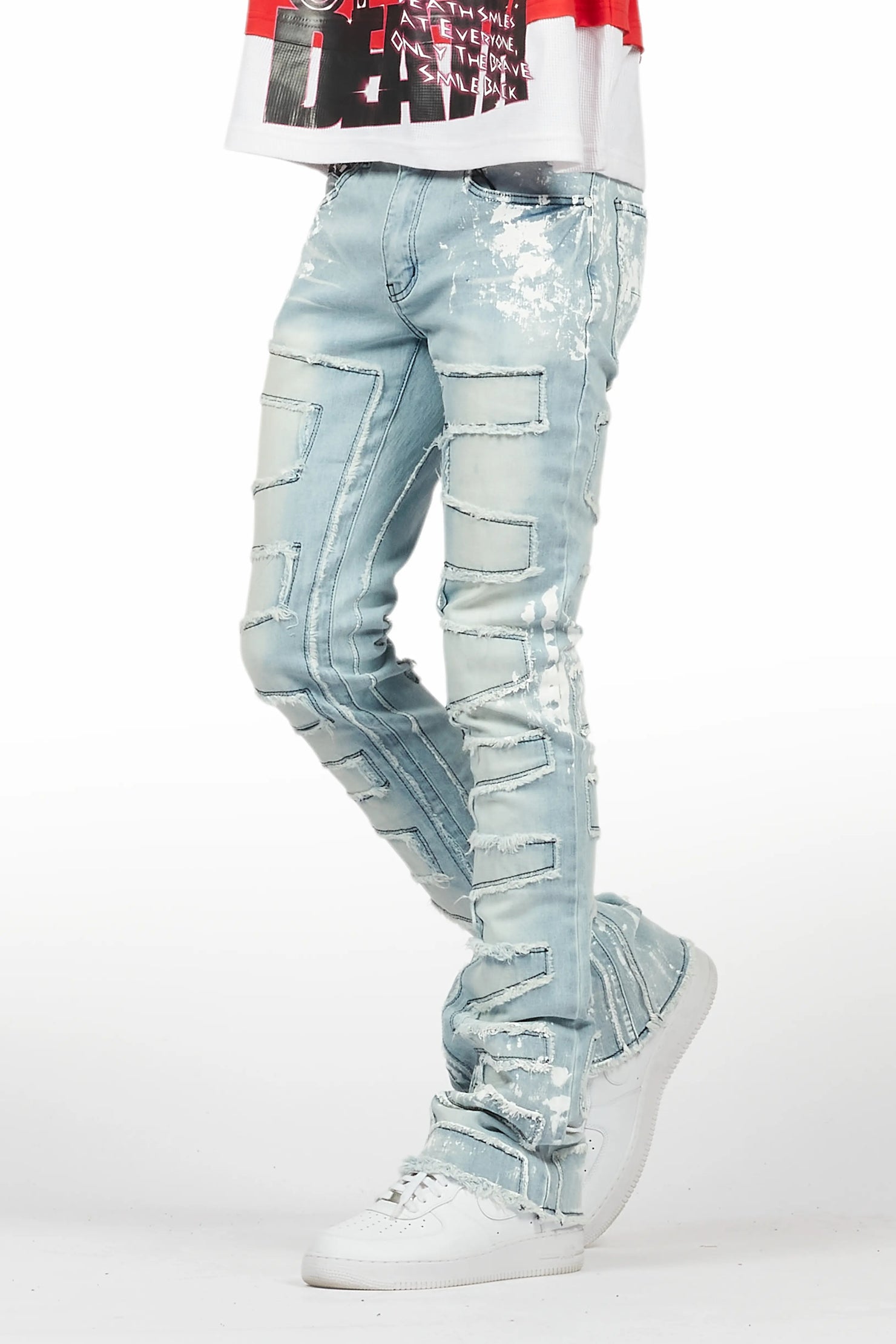 Kodak Blue/White Painter Stacked Flare Fringe Jean