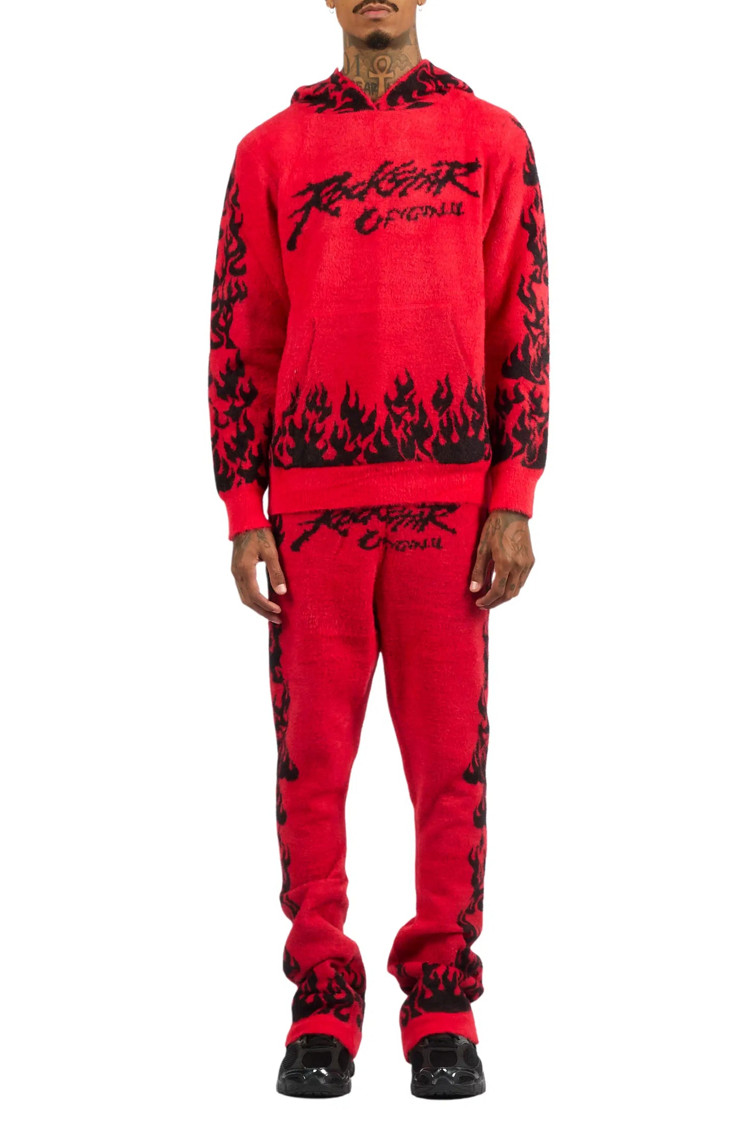 Yash Red Hoodie Stacked Flare Track Set