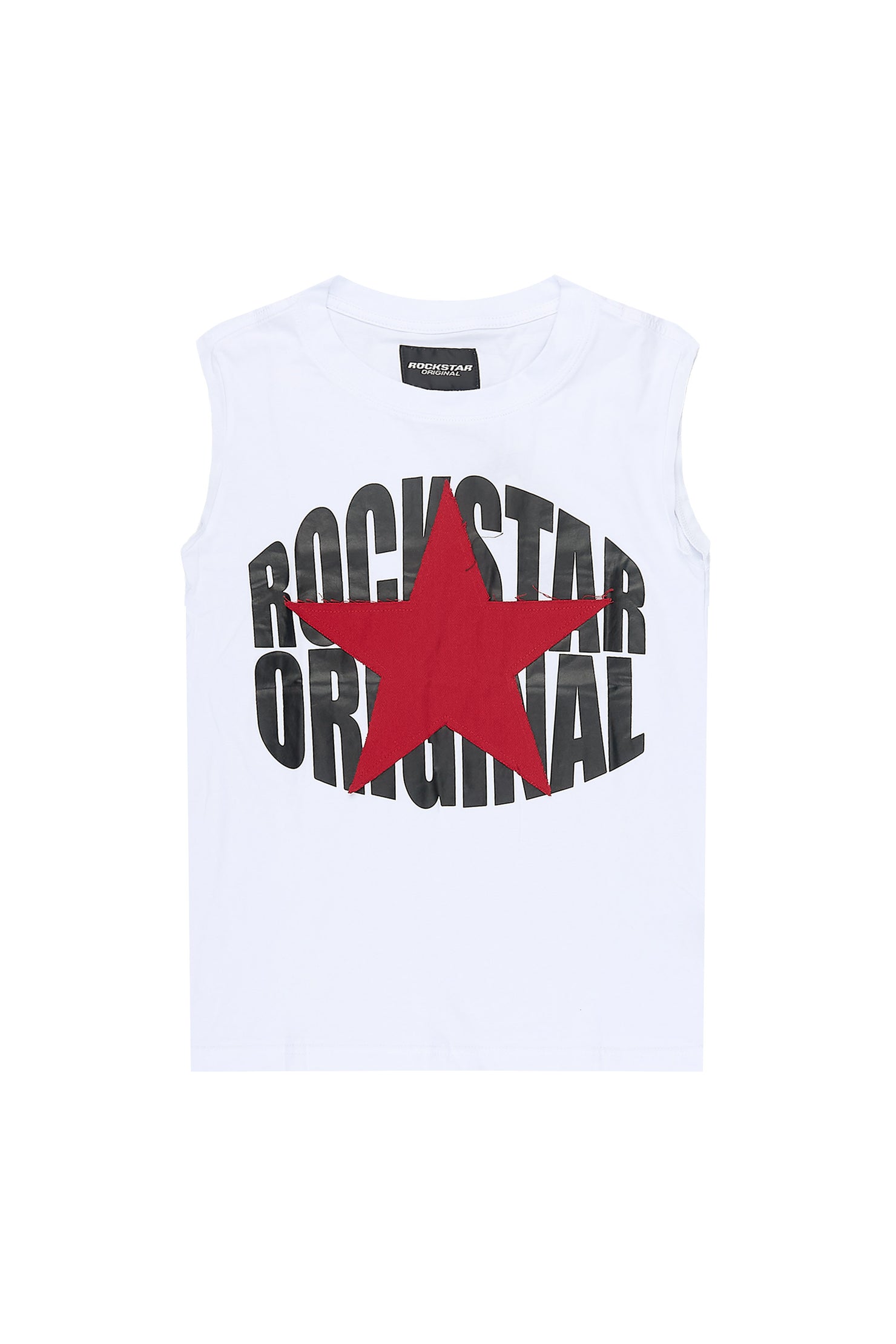 Boys State White/Red Cut Off  Graphic T-Shirt with Patch