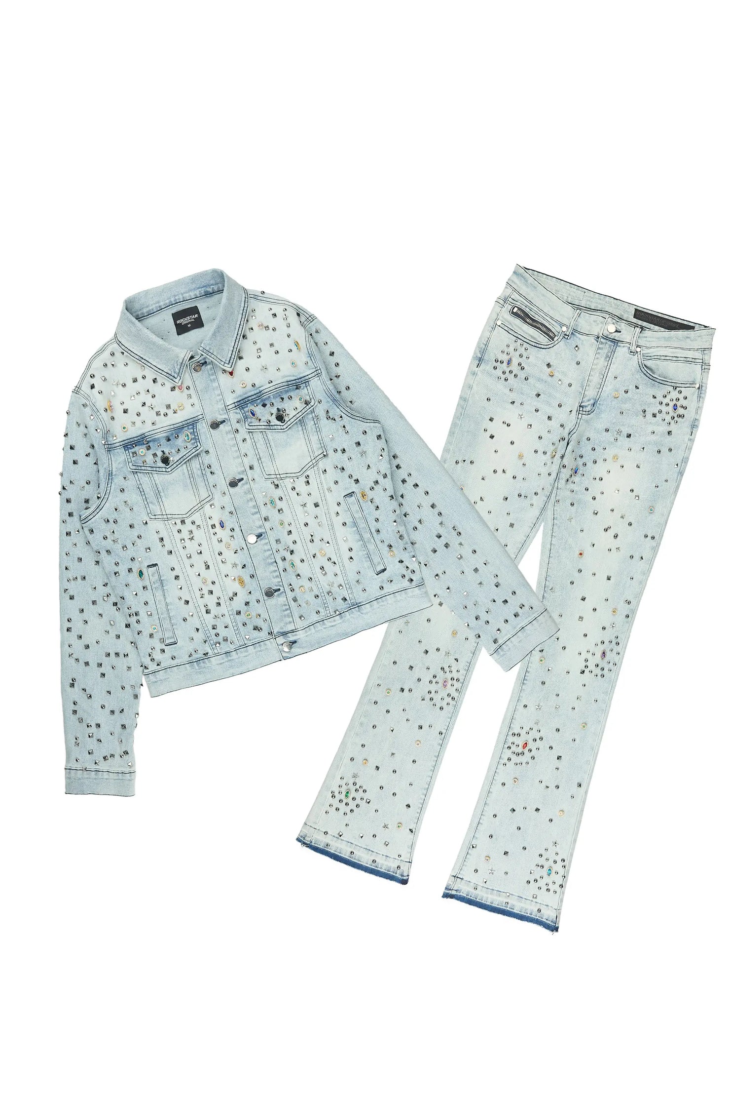 Norris Light Blue Rhinestone Denim Jacket/Stacked Flare Jean Set