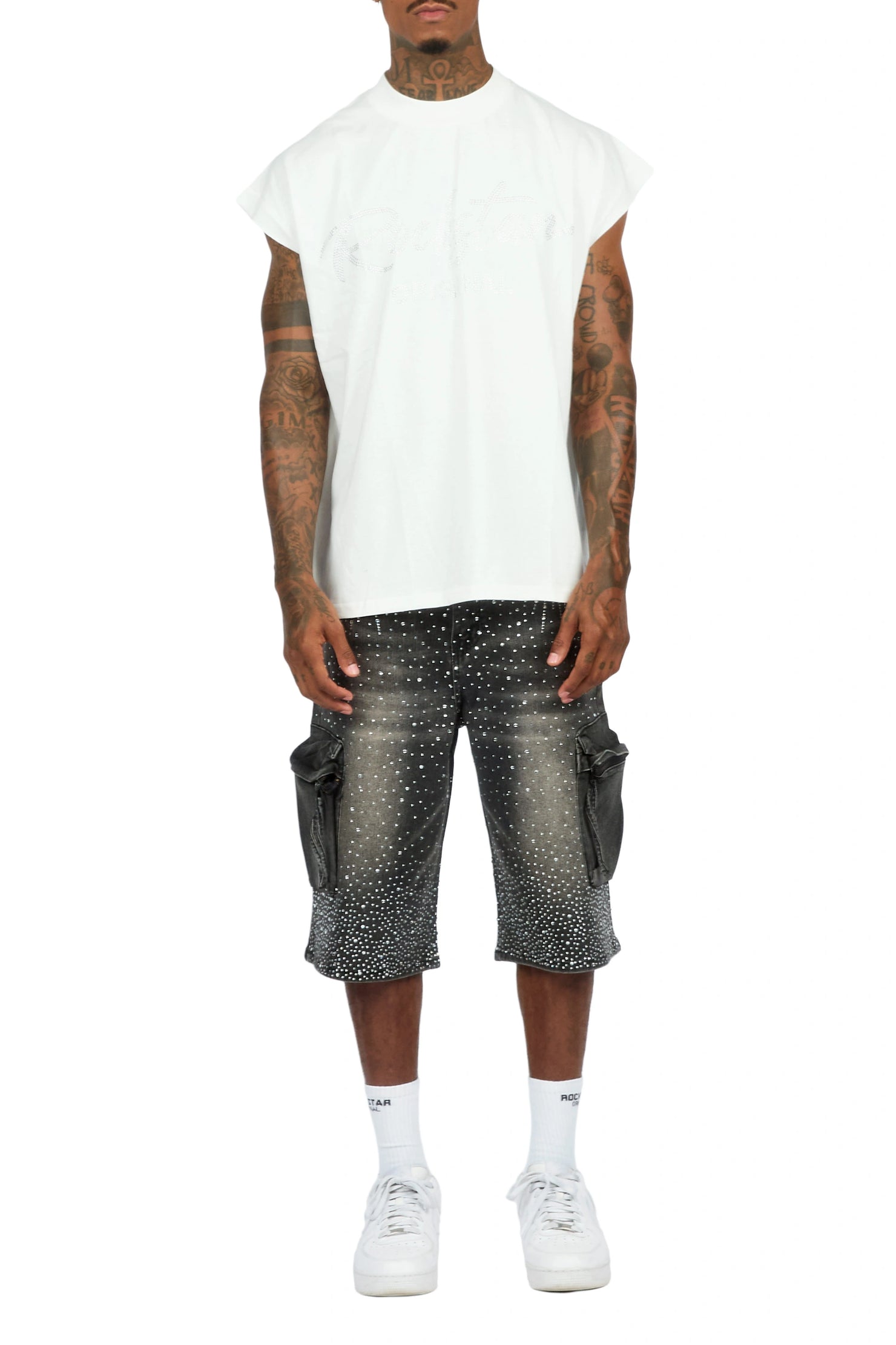 Keoni White Rhinestone Cut Sleeve T-Shirt Denim Short Set